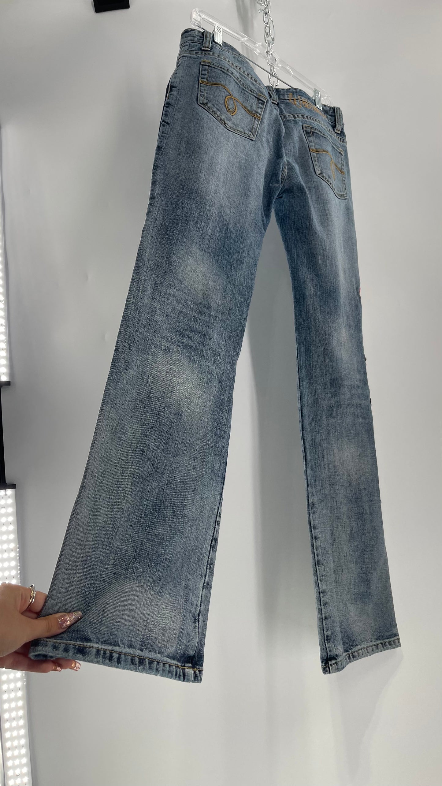Western Denim Bank Light Wash Straight Legs with Gold/Bronze Metal Studs and Jewels (29)