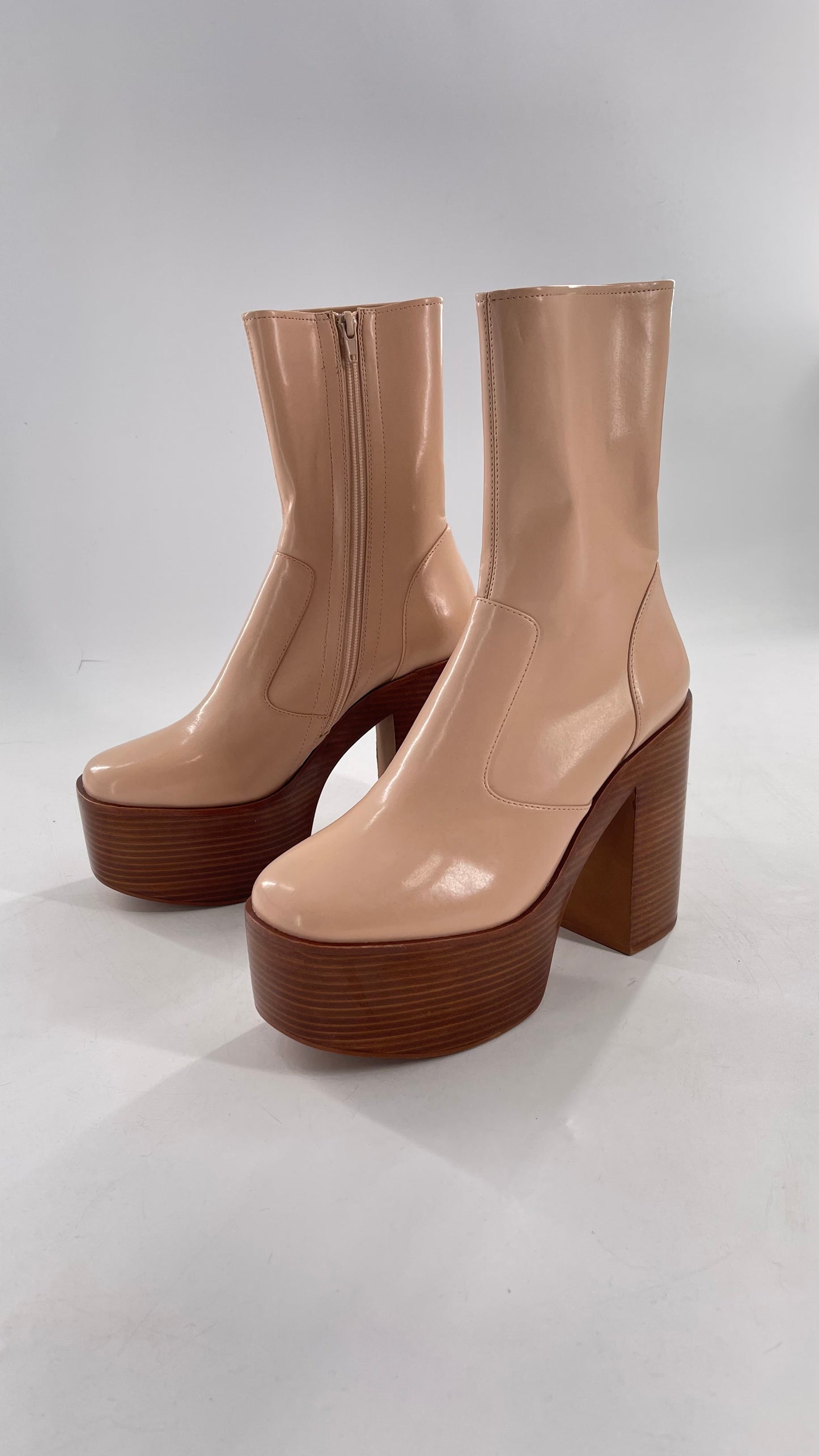 Free People X Jeffrey Campbell Mexique GoGo Boots • Beige Patent Boot with Wood Grain Chunky Block Heel and Platform (9)