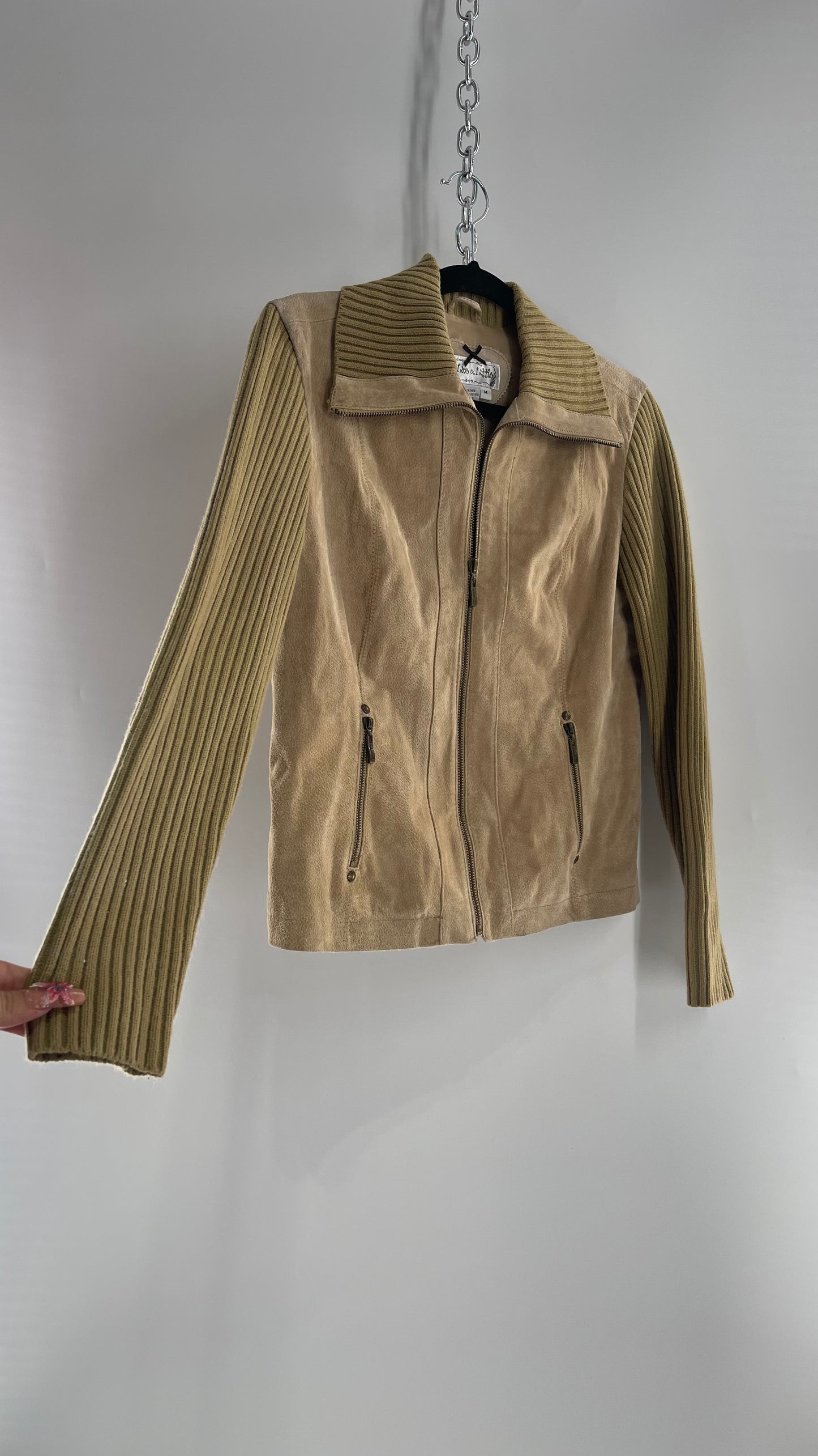 Live a Little Beige/Tan Suede Jacket with Ribbed Knit Sleeves and Collar (Medium)