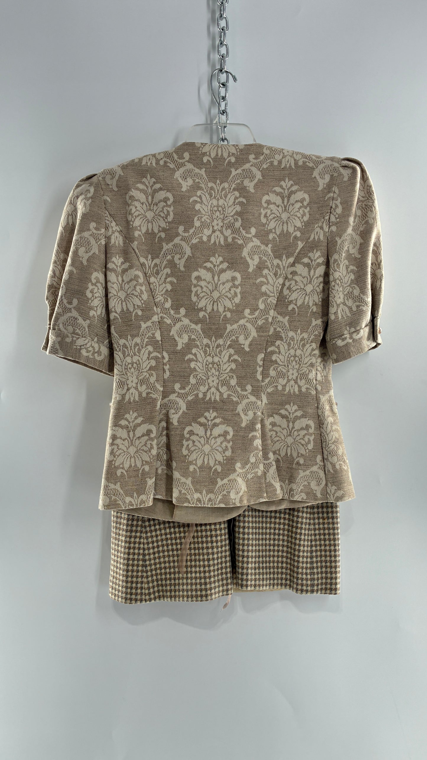 Vintage Suit Set with DONNA MORGAN Jacquard Puff Sleeves Tailored Slim Waist Suit Jacket with Upcycled Woven Mini Skirt (6)