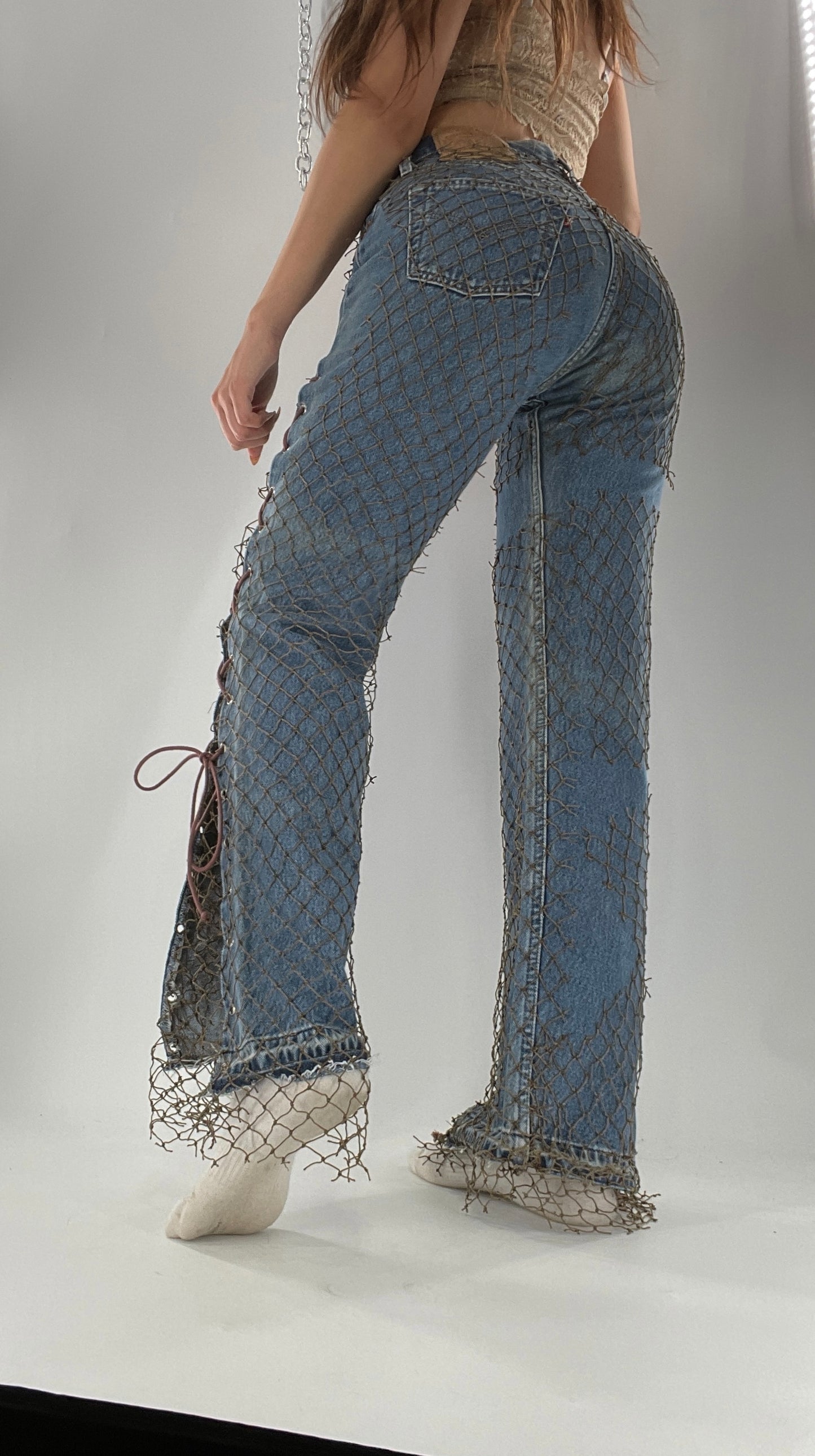 Custom - Fishnet Levi’s with Grommets and Lace Up Sides (Waist 29 Length 30) Fits Like a 26*