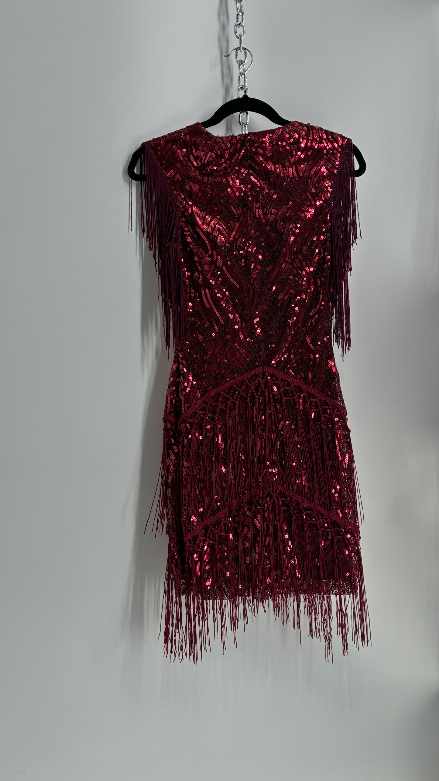 BABEYONO Maroon Sequin Fringe Bodycon Mini Dress (XS)