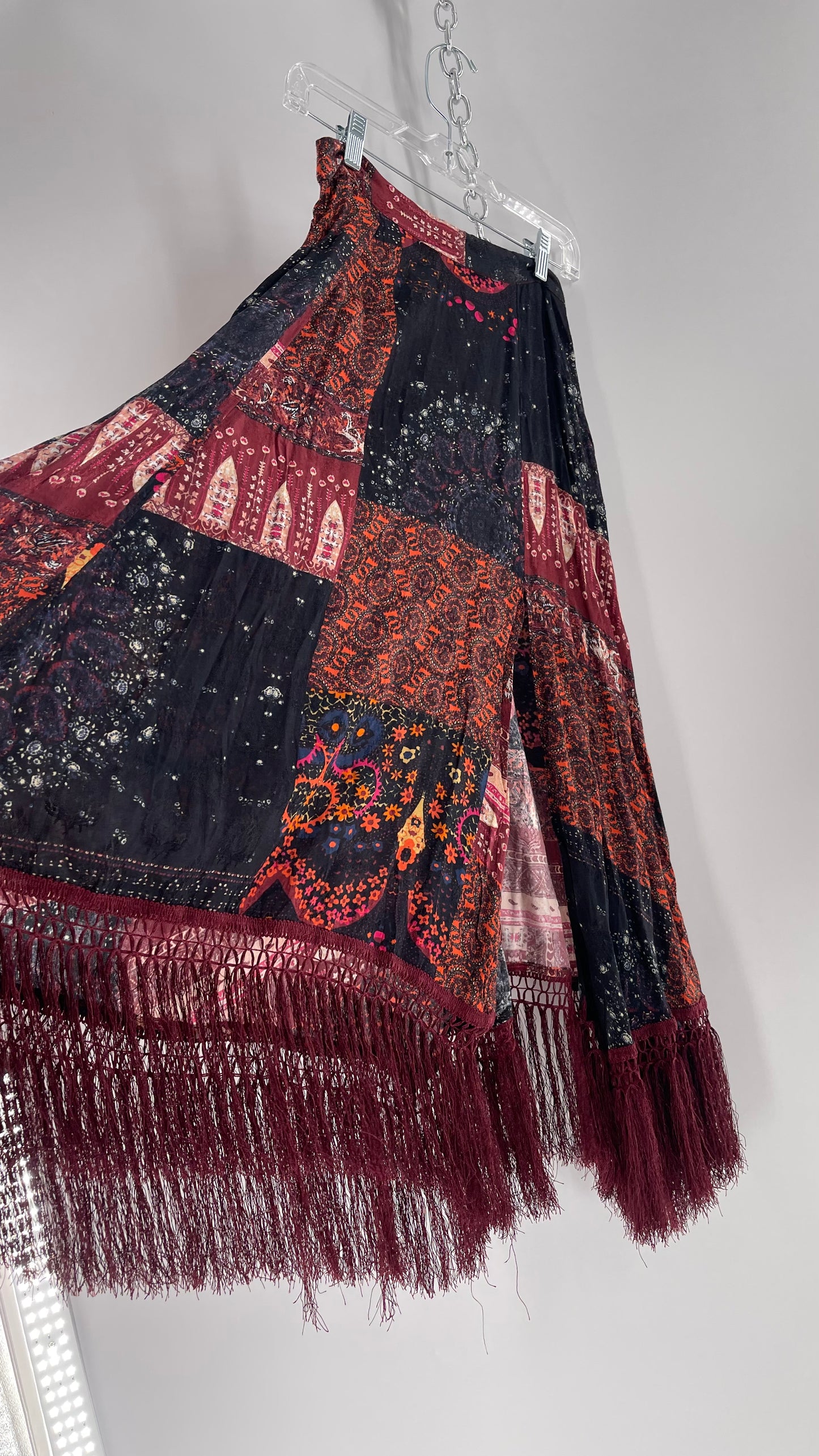 Free People Burgundy Satin Patchwork Patterned Fringe Full Length Skirt with Embossed Symbols and Side Slit Tags Attached (0)