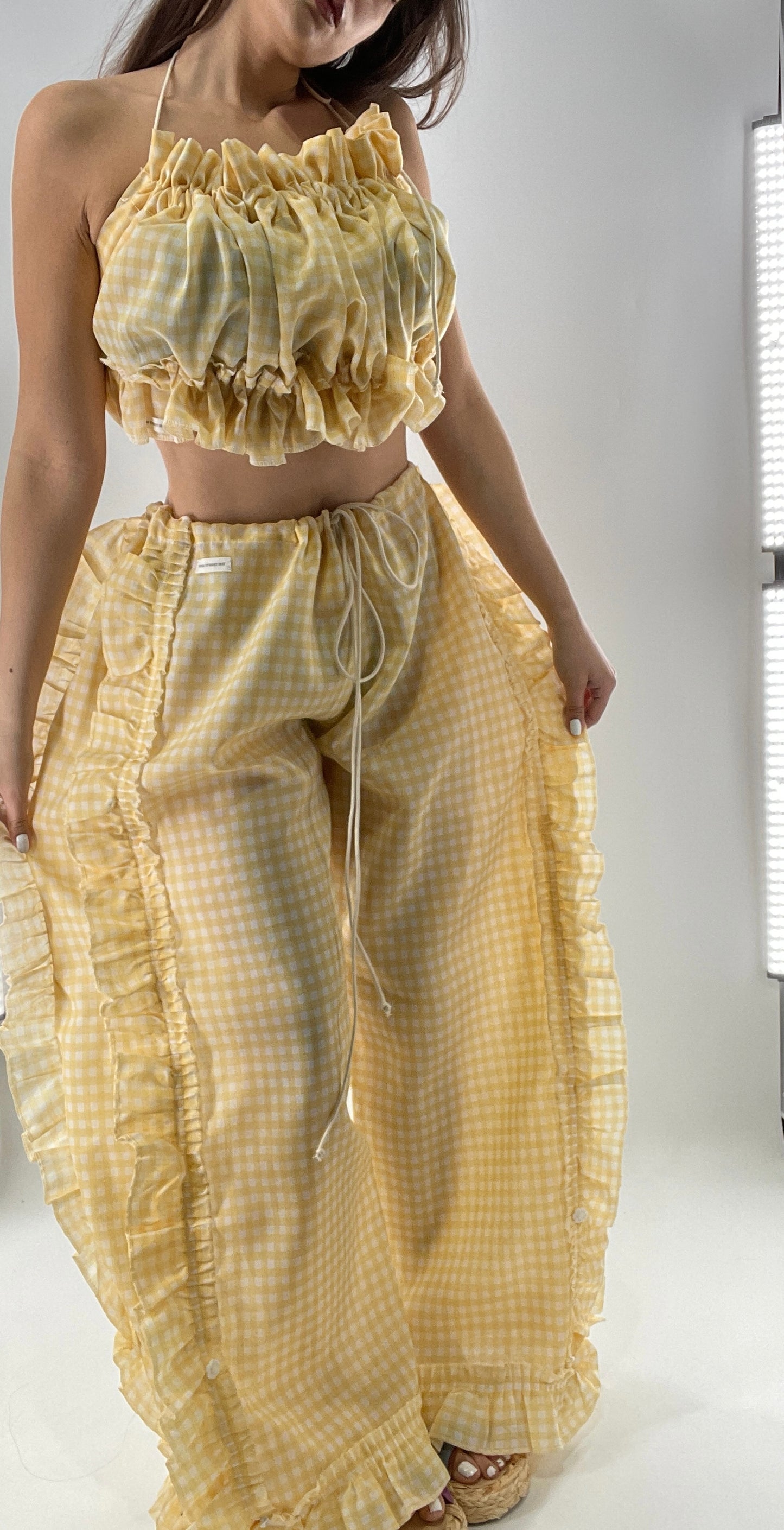 Vintage 2 Piece Yellow Checkered/Gingham Patterned Picnic Set with Ruched Bust Top and Ruffle Side Wide Legs with Adjustable Length, Strap Up Buttons on Hem (One Size)