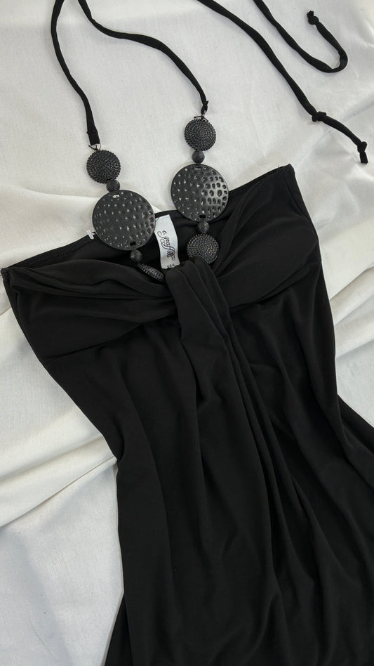 Vintage C.GRAFFITTI Black Mini Dress with Beaded Halter Detail (Small)