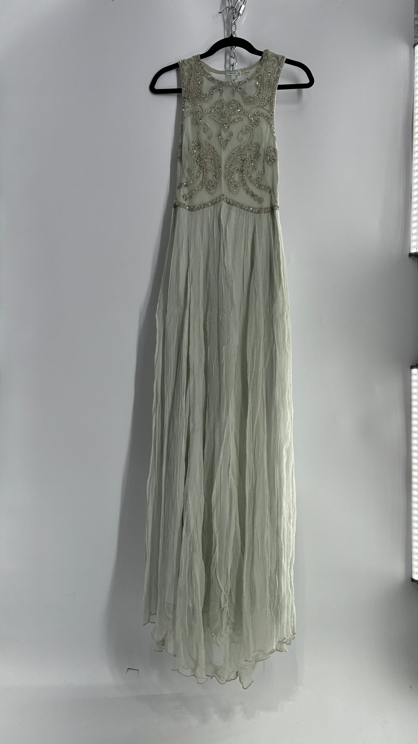 KIMCHI BLUE Light Greyish Seafoam Green Crimped Gown with Beaded Bodice and Sheer Back (2)