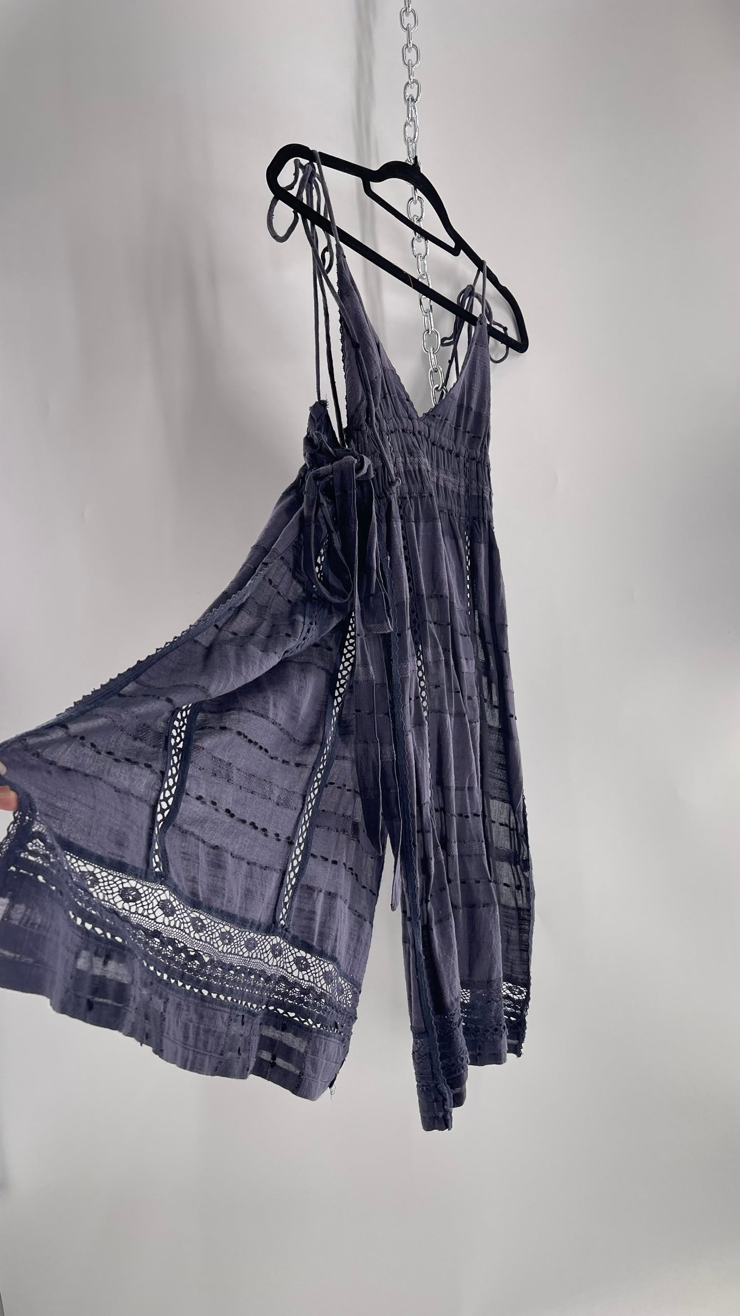 Free People Navy Blue Cotton Lace and Embroidered Open Tie Side Dress (M)