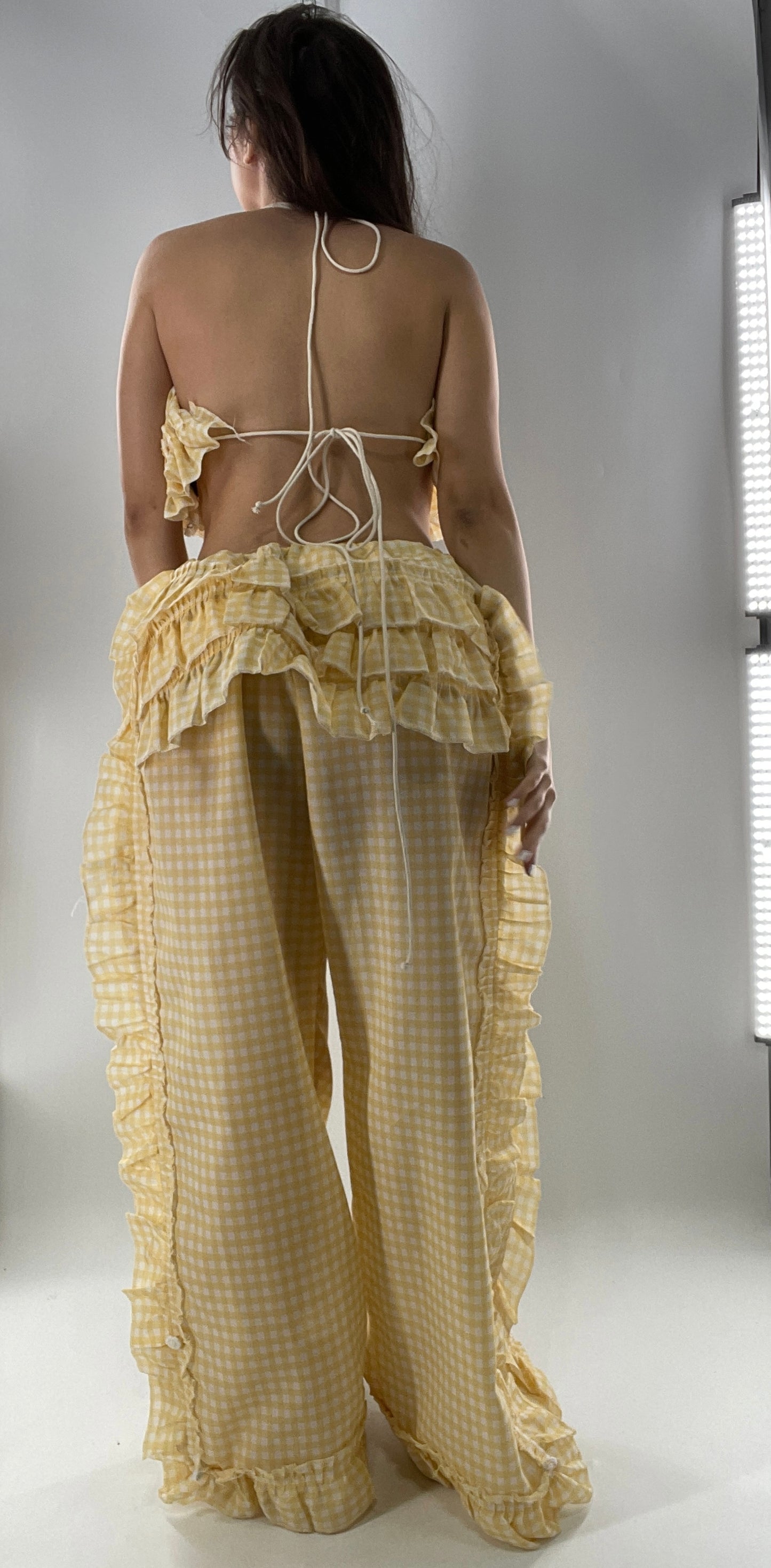 Vintage 2 Piece Yellow Checkered/Gingham Patterned Picnic Set with Ruched Bust Top and Ruffle Side Wide Legs with Adjustable Length, Strap Up Buttons on Hem (One Size)