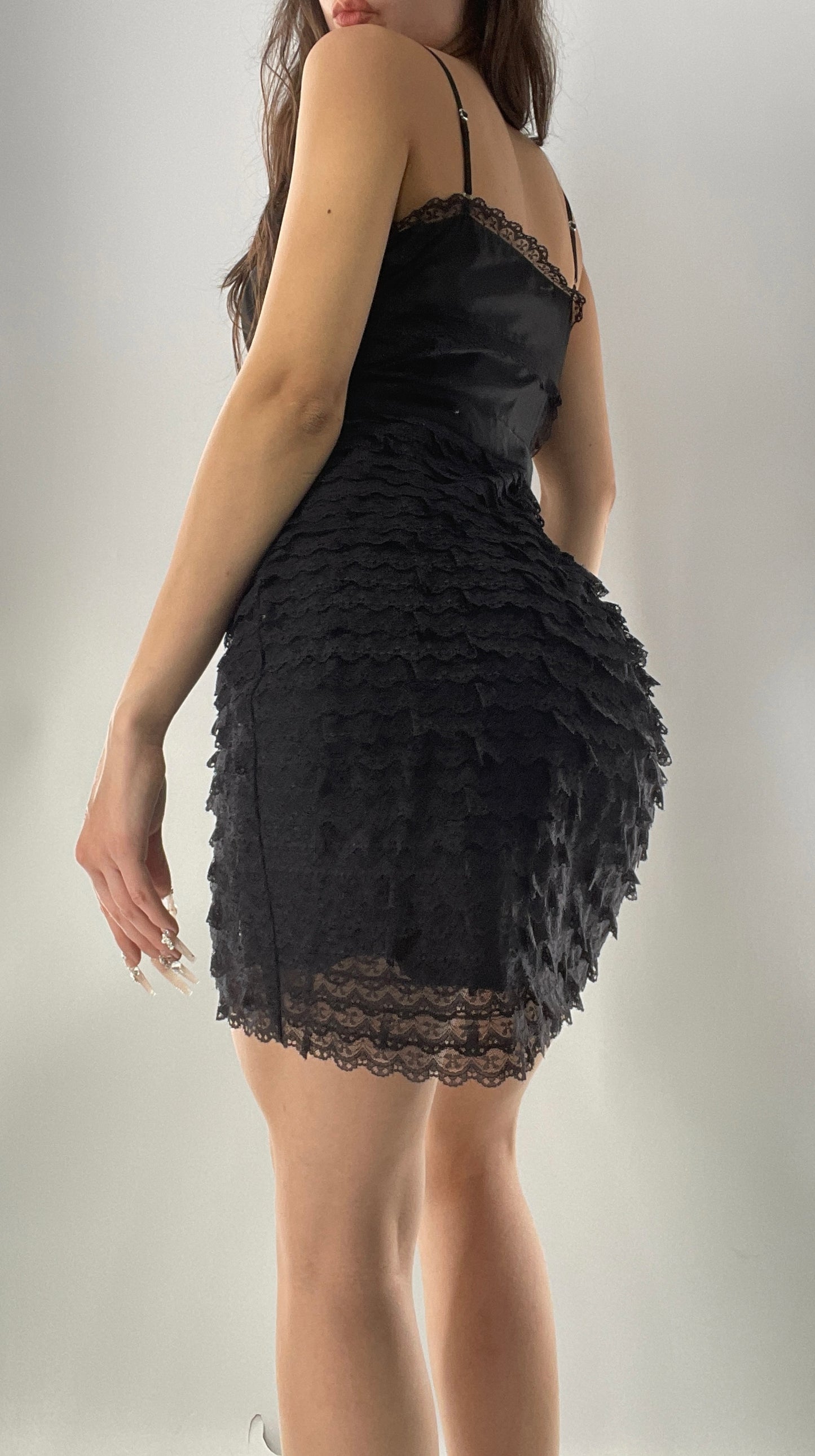 RED VALENTINO Black Corseted Style Ruffle Lace Hem Skirt Mini Dress
