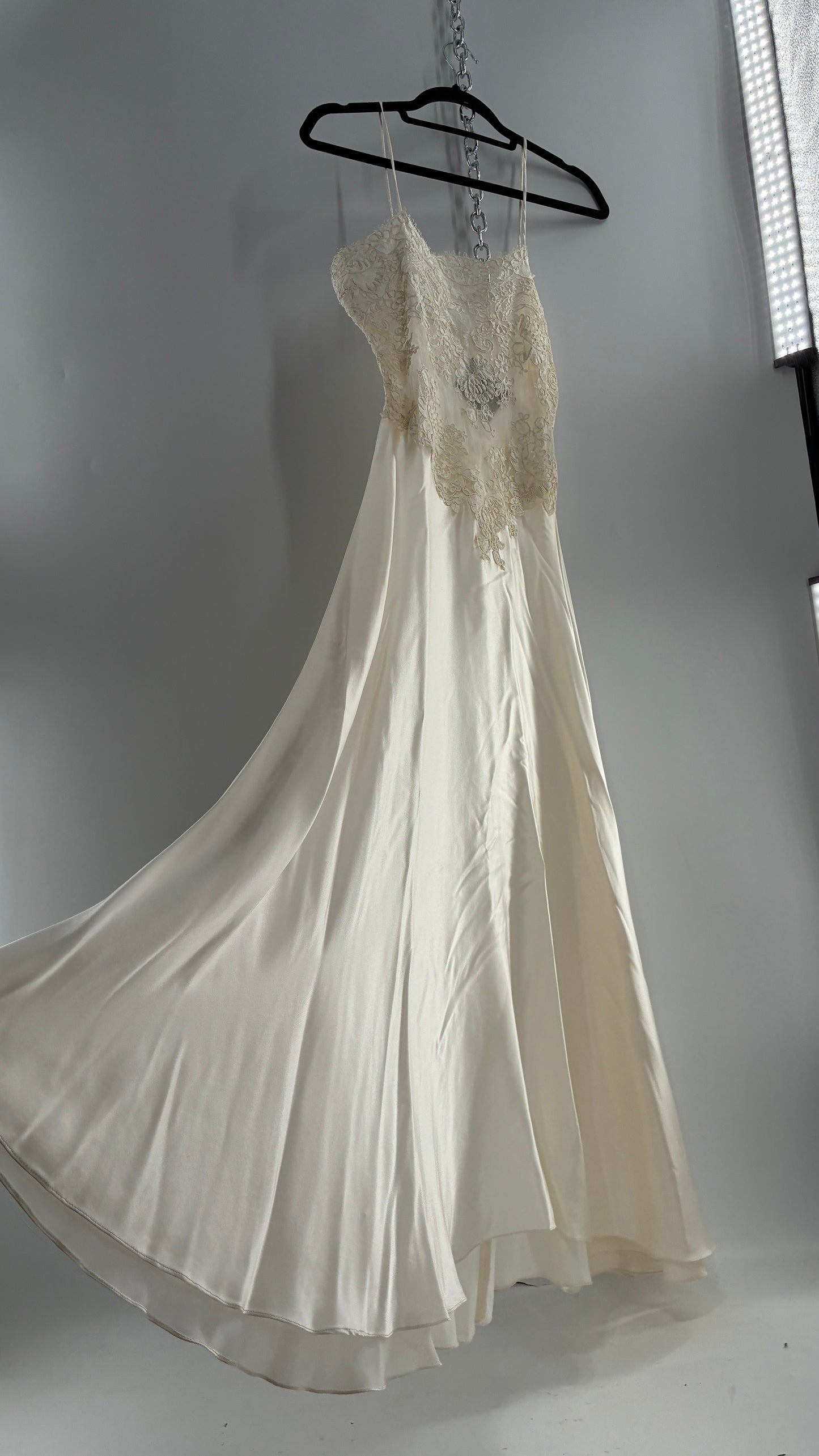 Vintage JONQUIL 100% Silk Gown with Heavy Lace Appliqués and Low Cut Sheer Back (Medium)