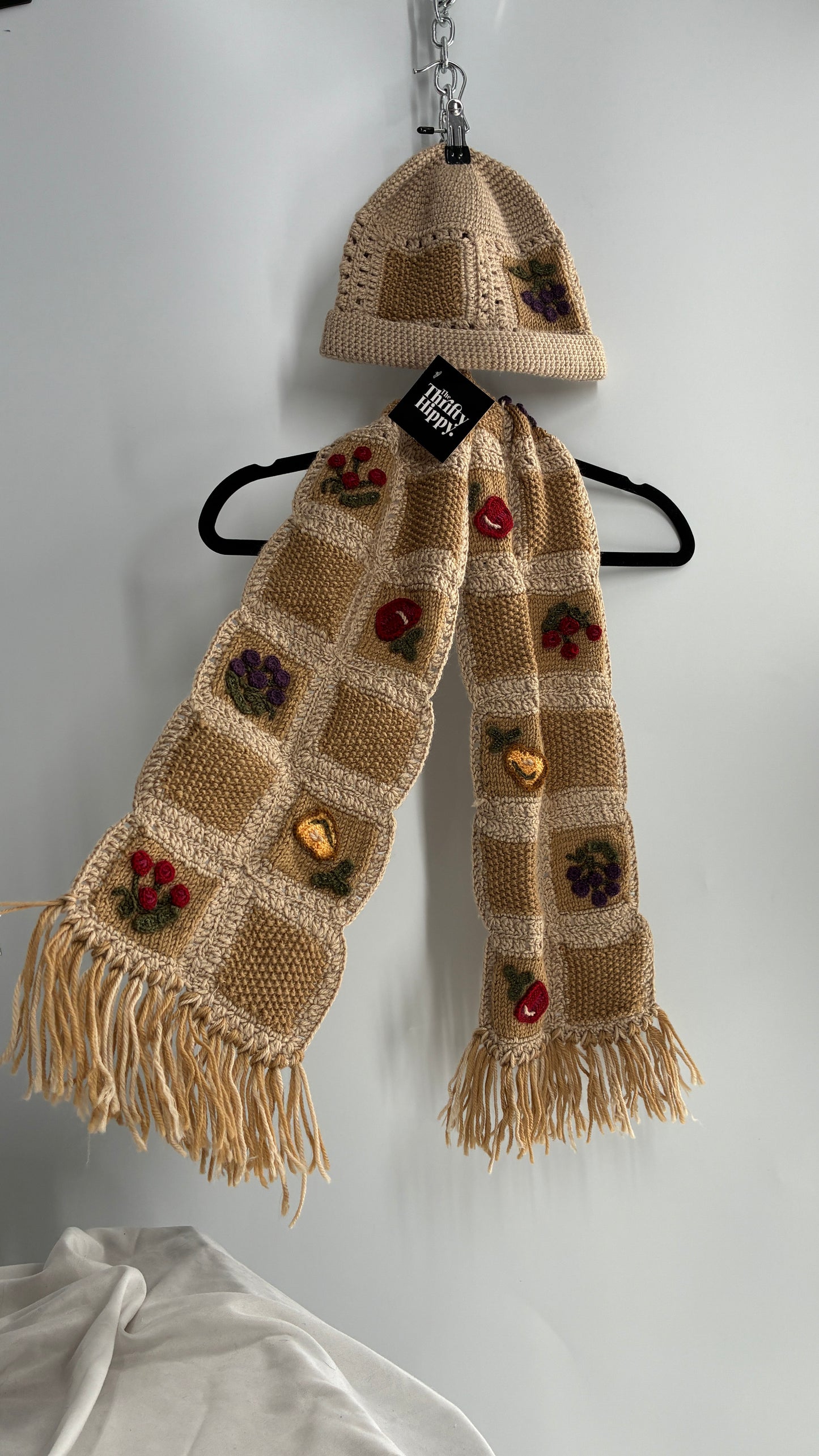Vintage Crochet Knit Fruits of the Loom Hat and Scarf Set