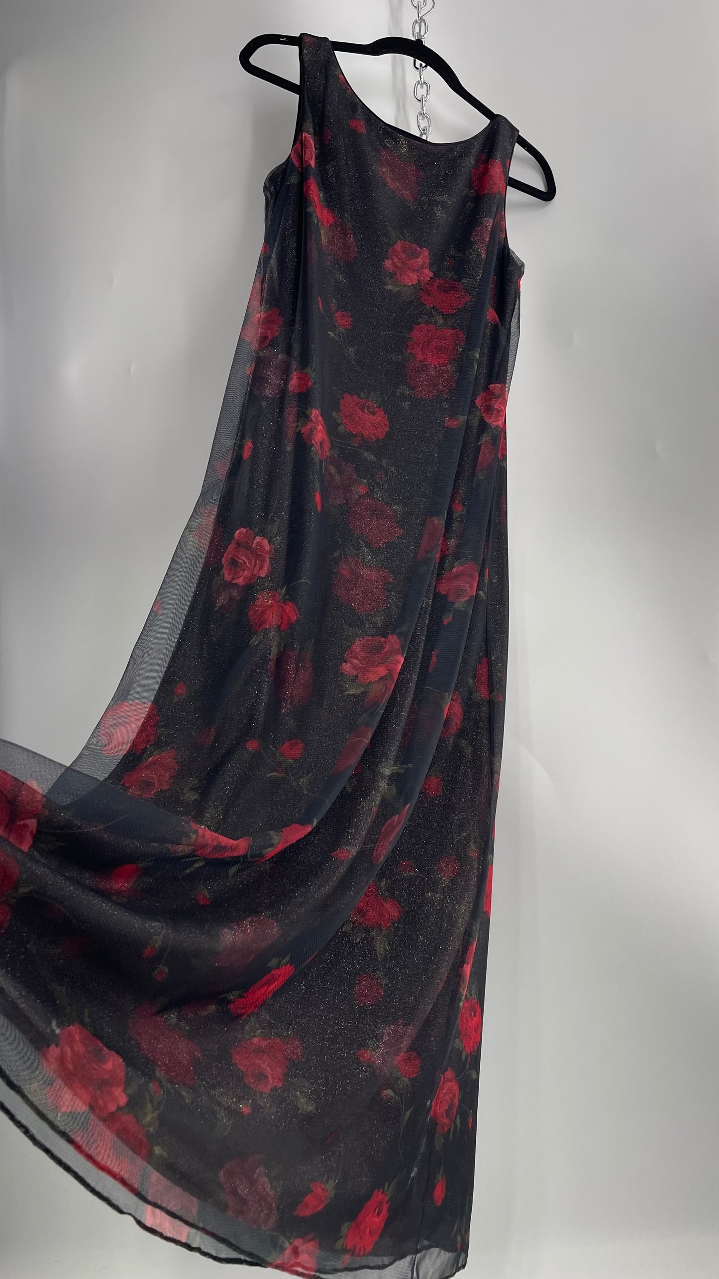 Vintage TEDDI EVENING Dress with Red Rose Layer Over Glitter Graphic and Black Base Layer (10)