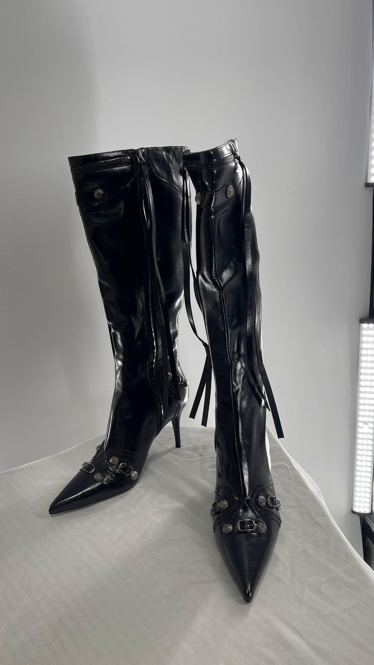 Black Pointed Toe Strappy Heeled Knee High Boots with Metal Hardware Details (10)