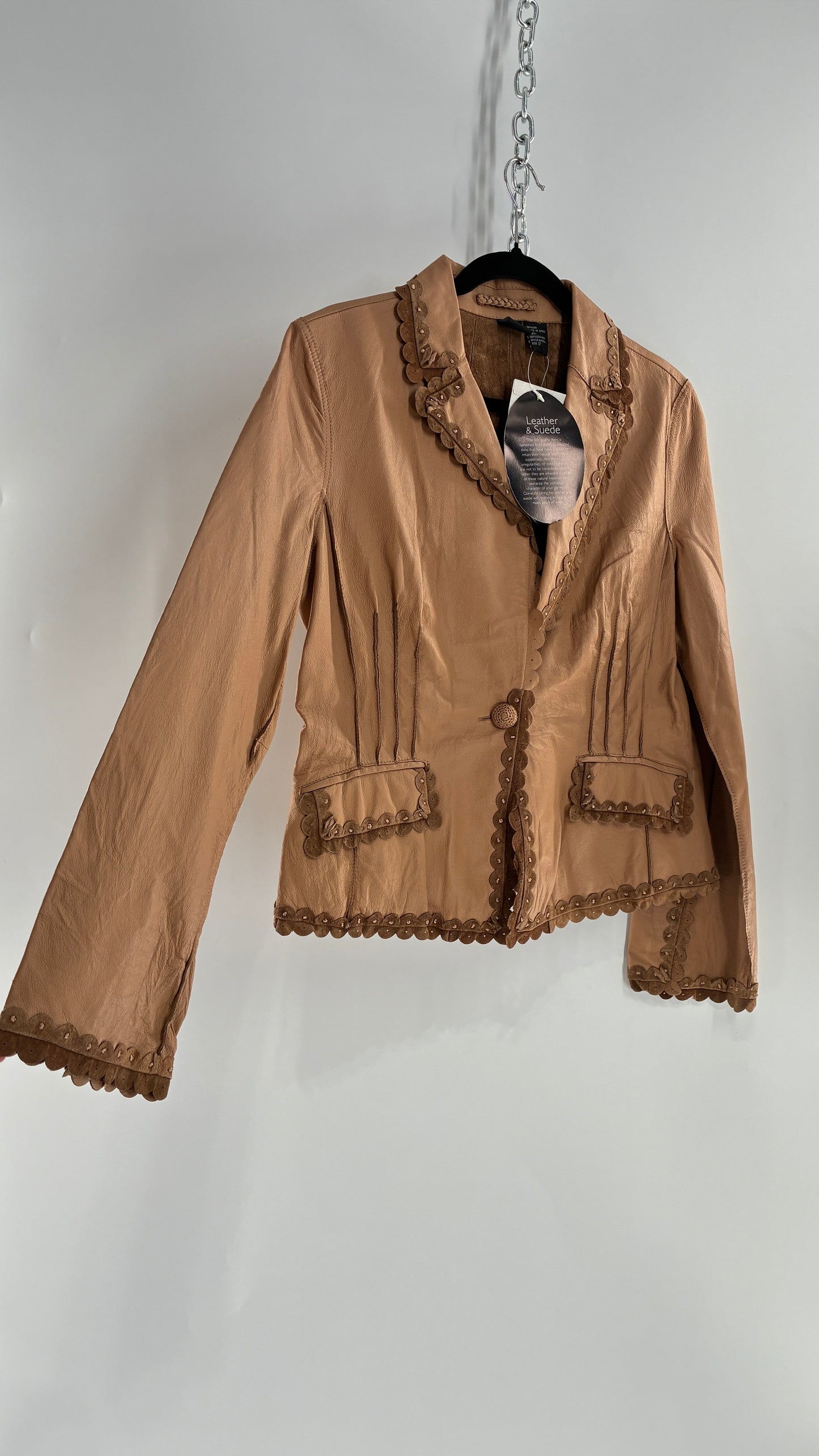 RARE Deadstock Vintage Cami Brown Thin Leather Jacket with Suede Scalloped Trim (12)
