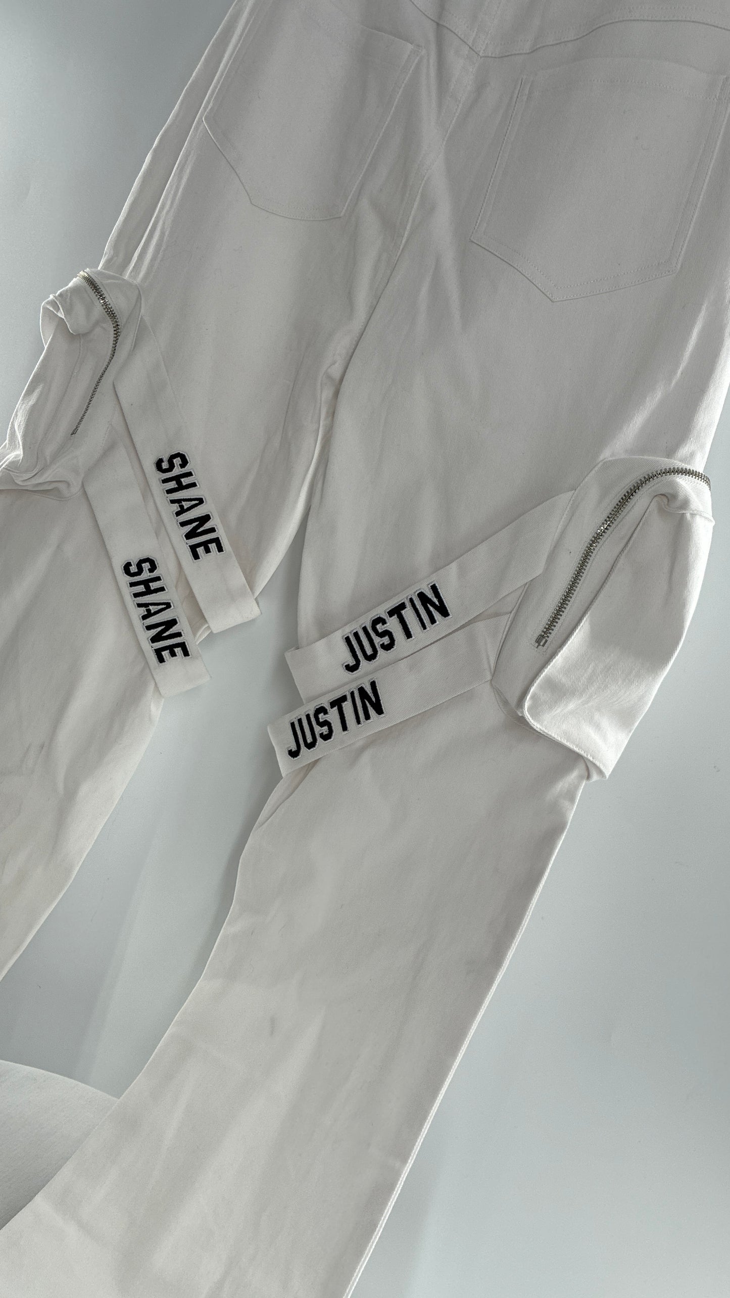 Designer SHANE JUSTIN White Stacked Extendo Cargo Pants with Embroidered Logo Pants and Tags Attached (Small)