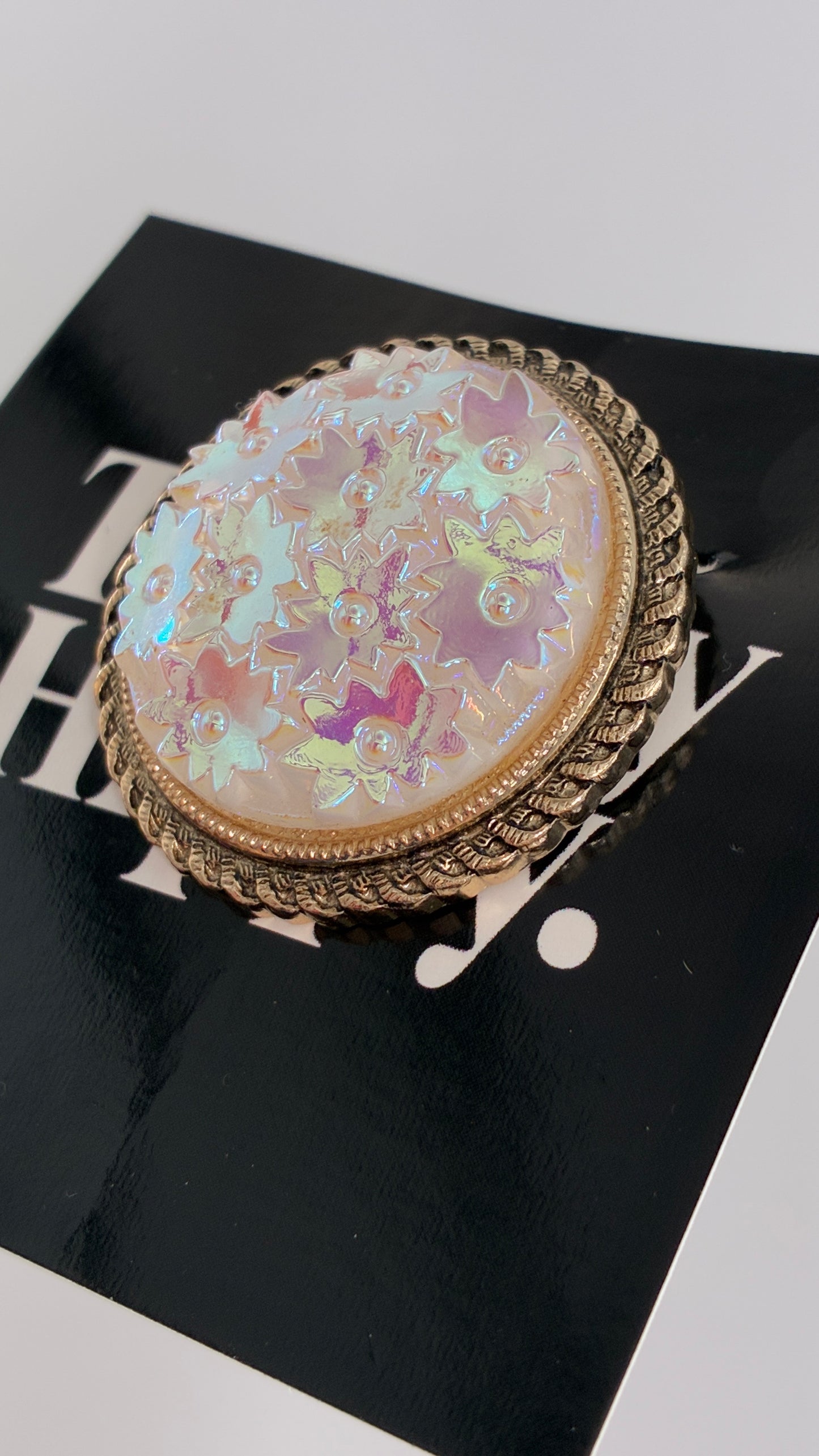 Vintage Scarf Ring Loop with Gold Metal Border and Iridescent Flowers