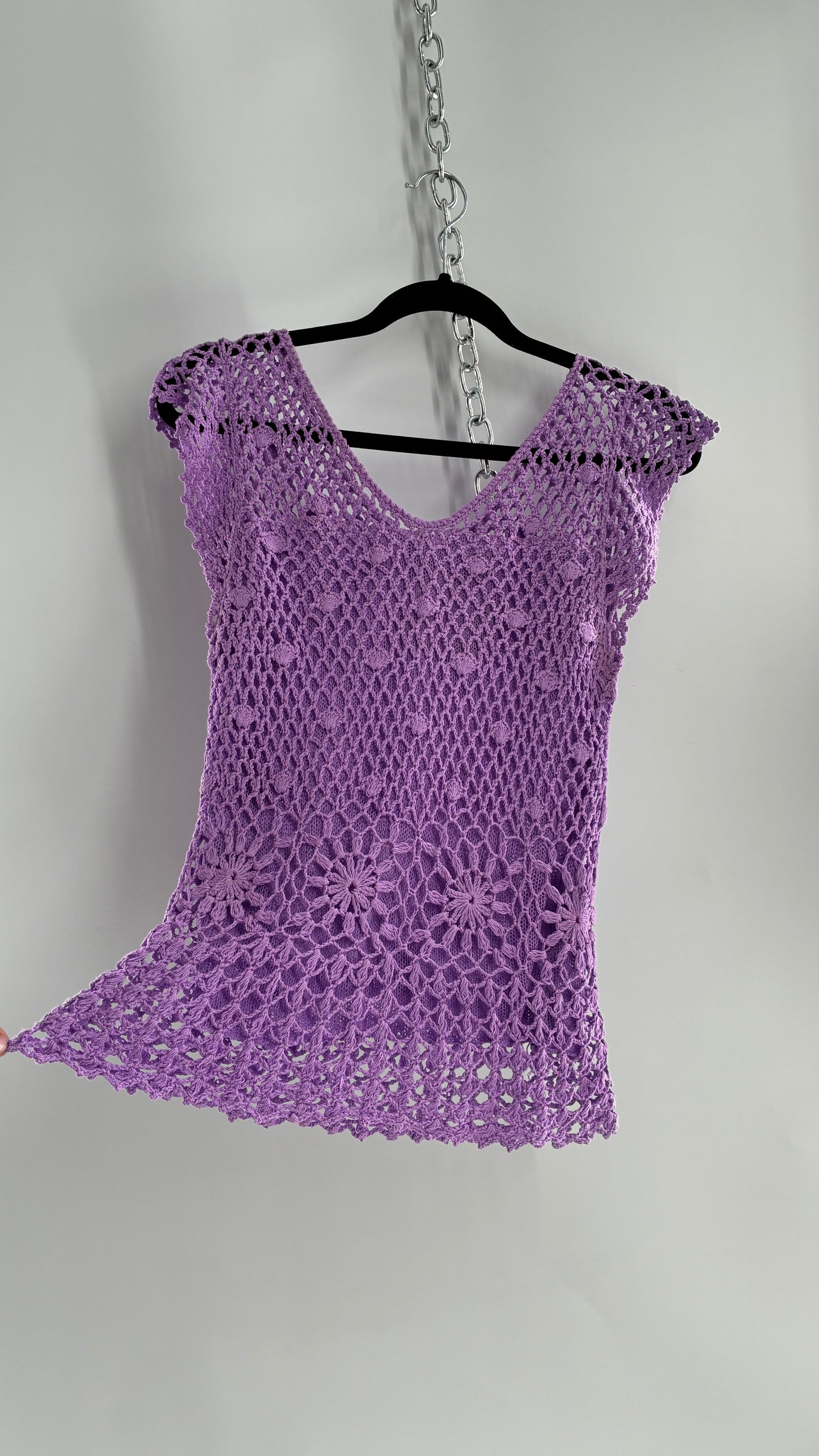 Vintage Lilac/Lavender Handmade Crochet Short Sleeve Double Layered Blouse with Rosette (S/M, stretchy)