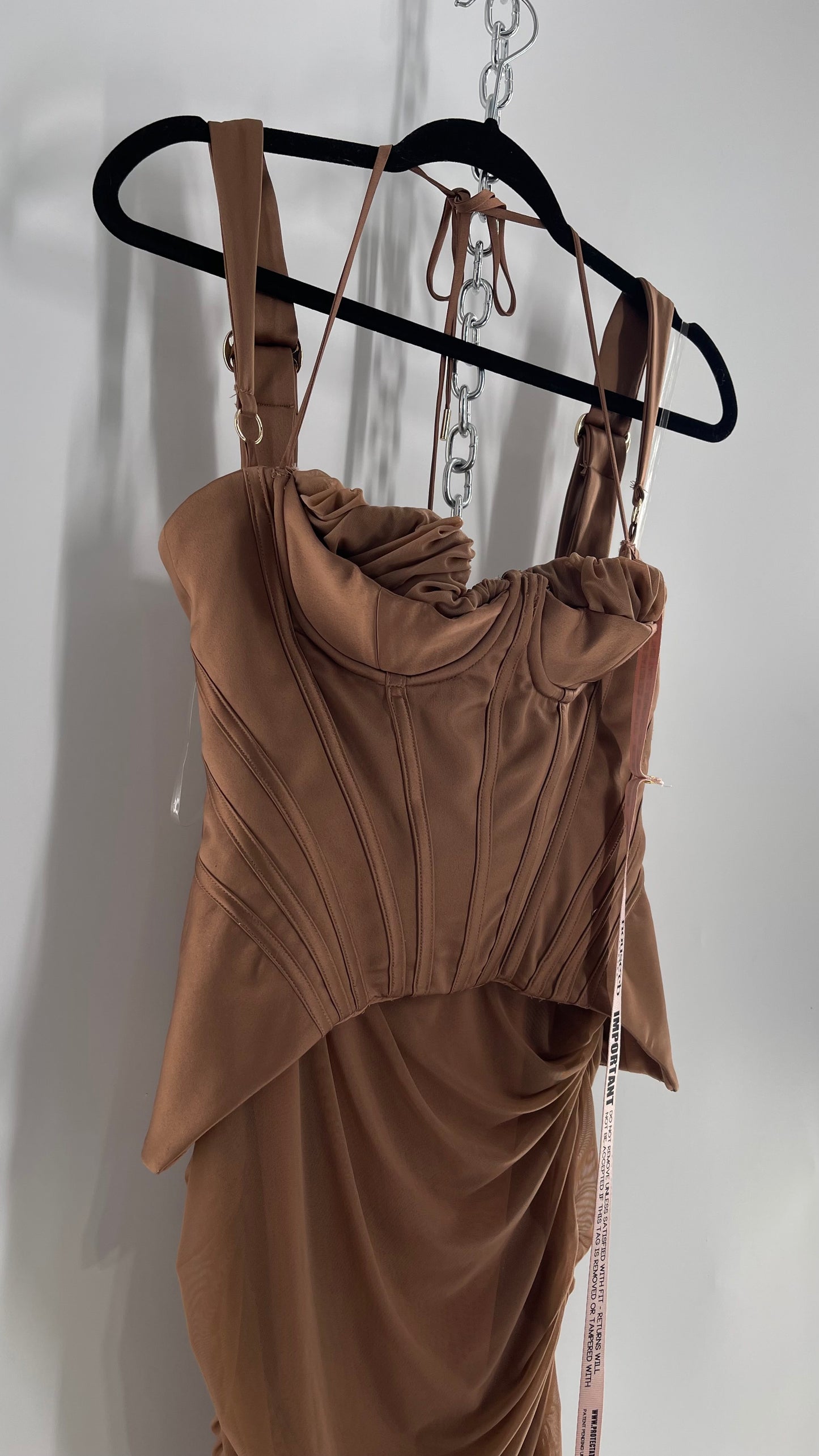 House of CB Talya Toffee Satin Corset Midi Dress with Ruched Skirt (Medium)