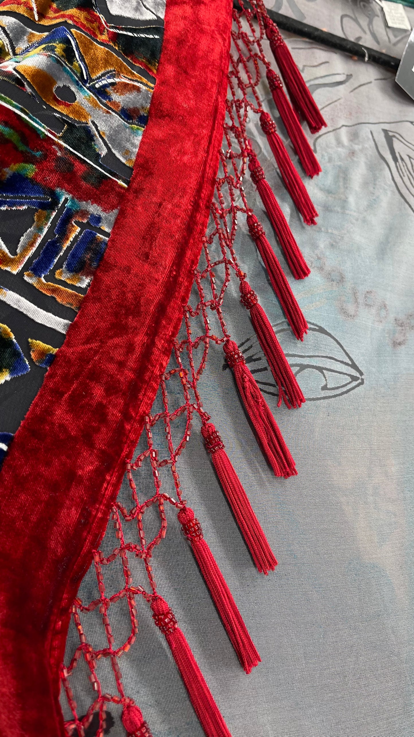 Vintage Burnout Buddhist Motif Velvet/Velour Beaded Fringe Duster Coat/Kimono with Tassel Sleeves and Hems (M/L)