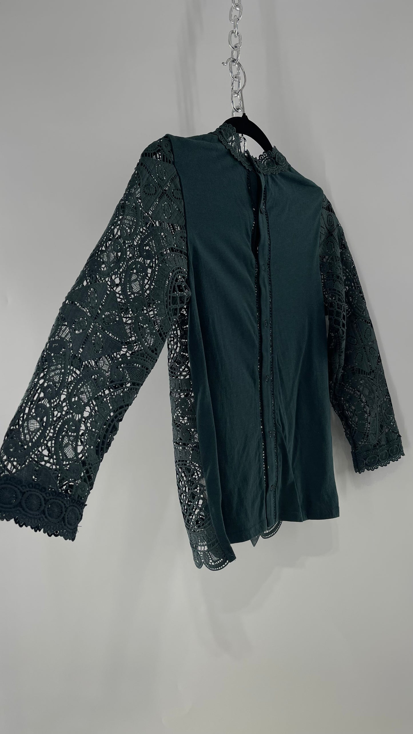 James Coviello New York Thick Lace Forest Green Blouse with Button Down Back (XS)