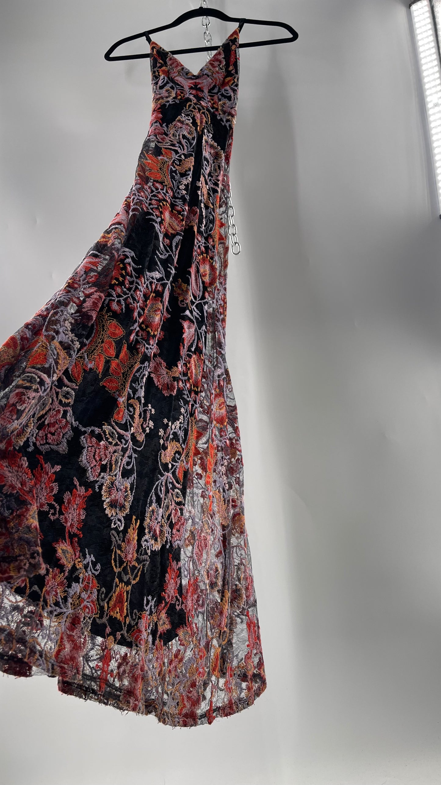 Free People Black Fall Toned Floral Embroidered Tule Sleeveless Maxi Dress (2)
