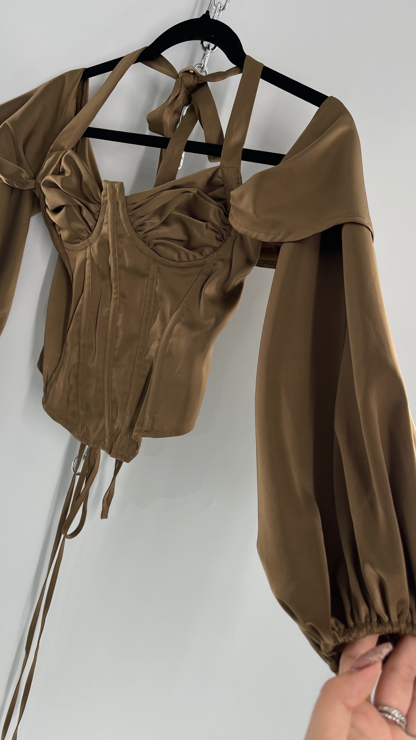 Pretty Little Thing Tan/Gold Corset Blouse with Draped Shoulders, Balloon Sleeves, Halter Strap and Lace Up Back (4)