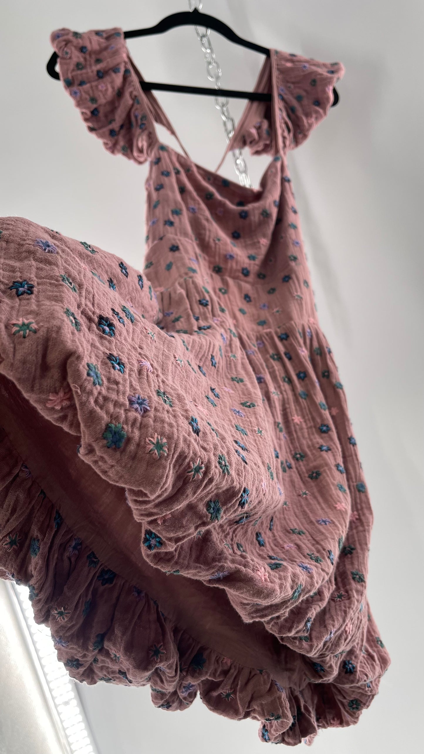 Free People Dusty Pink Embroidered Flowers Backless Mini Dress (Small)