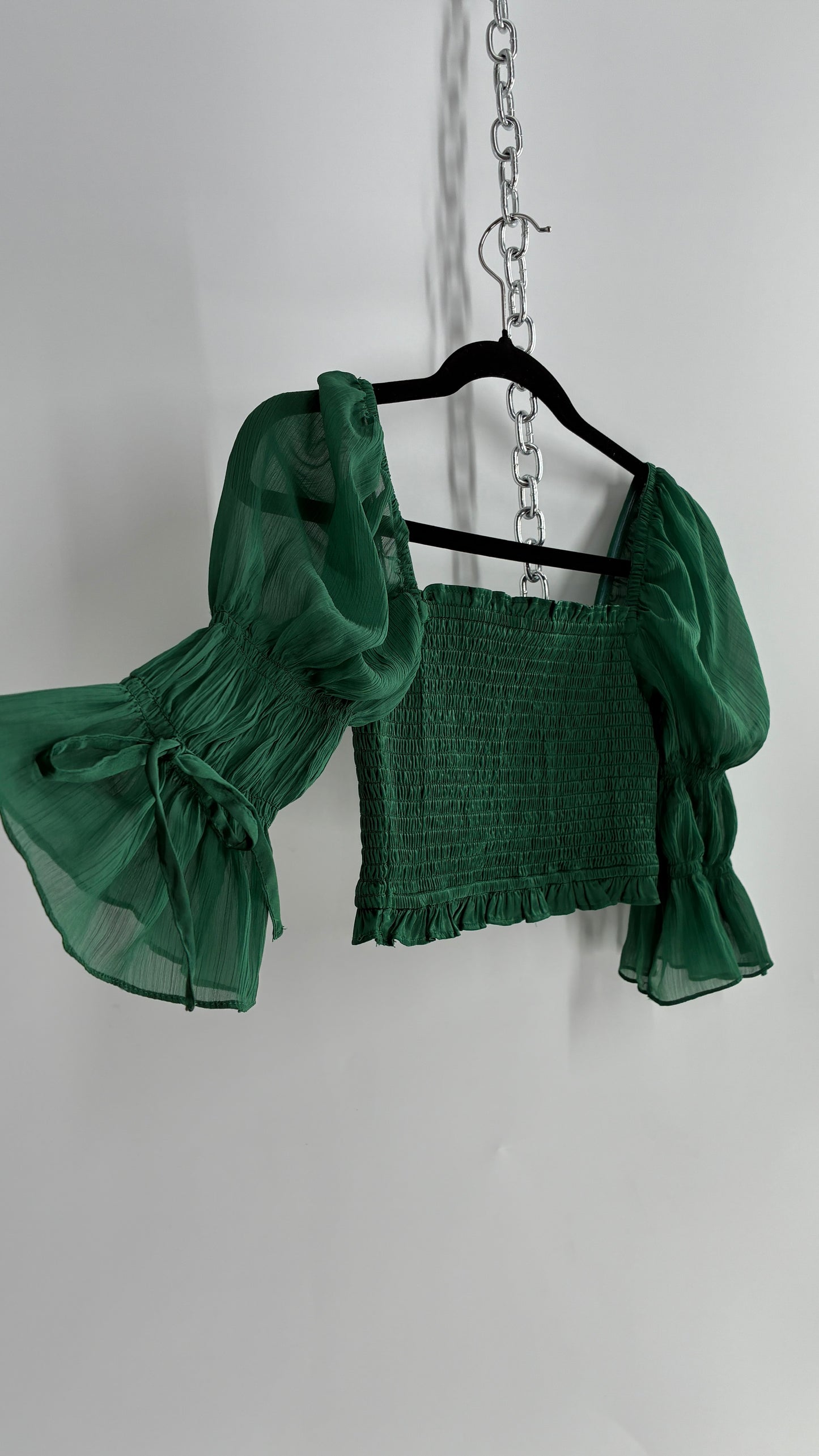 Urban Outfitters Green Smocked Top with Sheer Puff Renaissance Sleeve (XS)