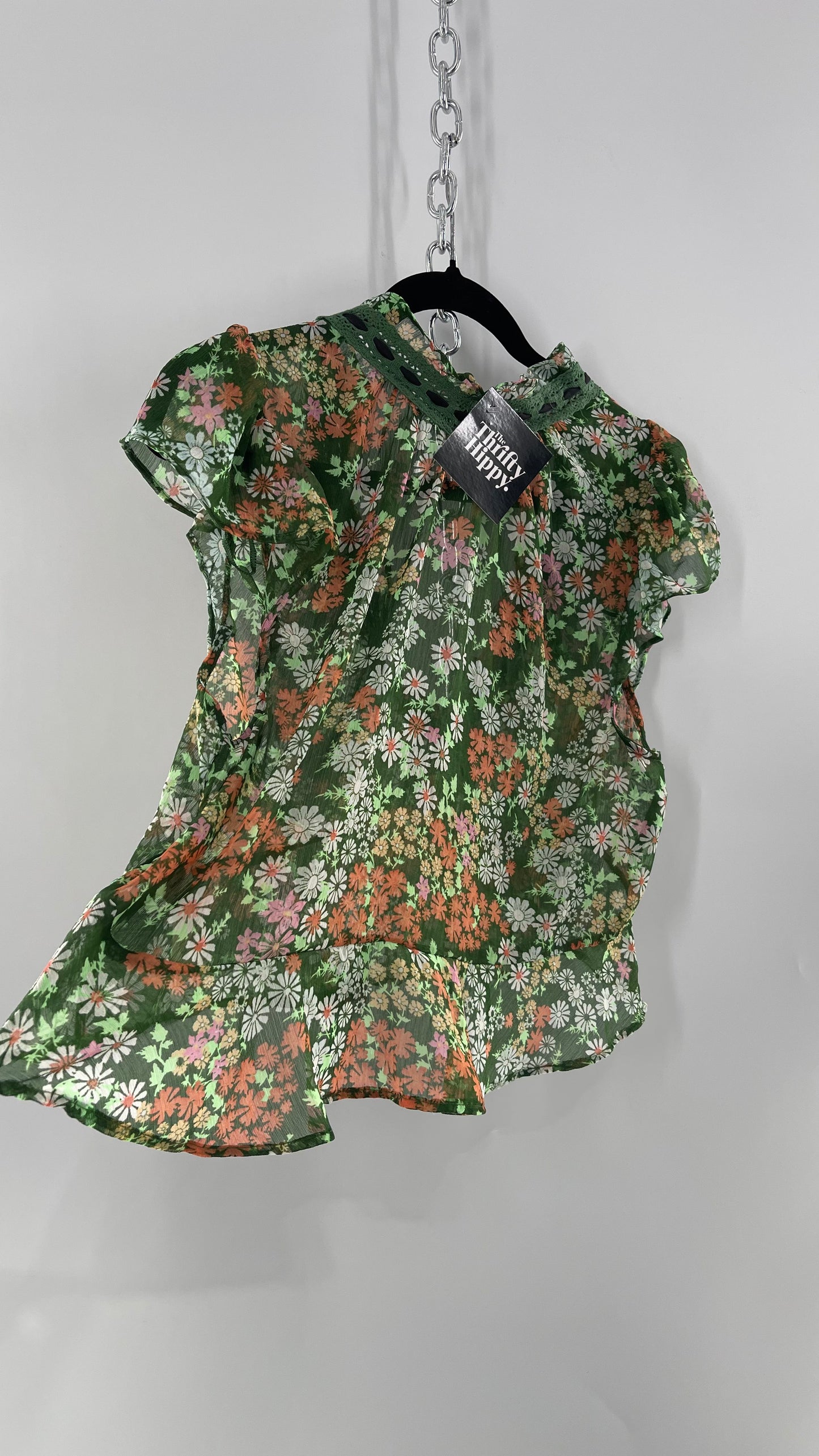 Free People Green Floral Blouse with Green Lace Neckline and Black Velvet Ribbon (Large)