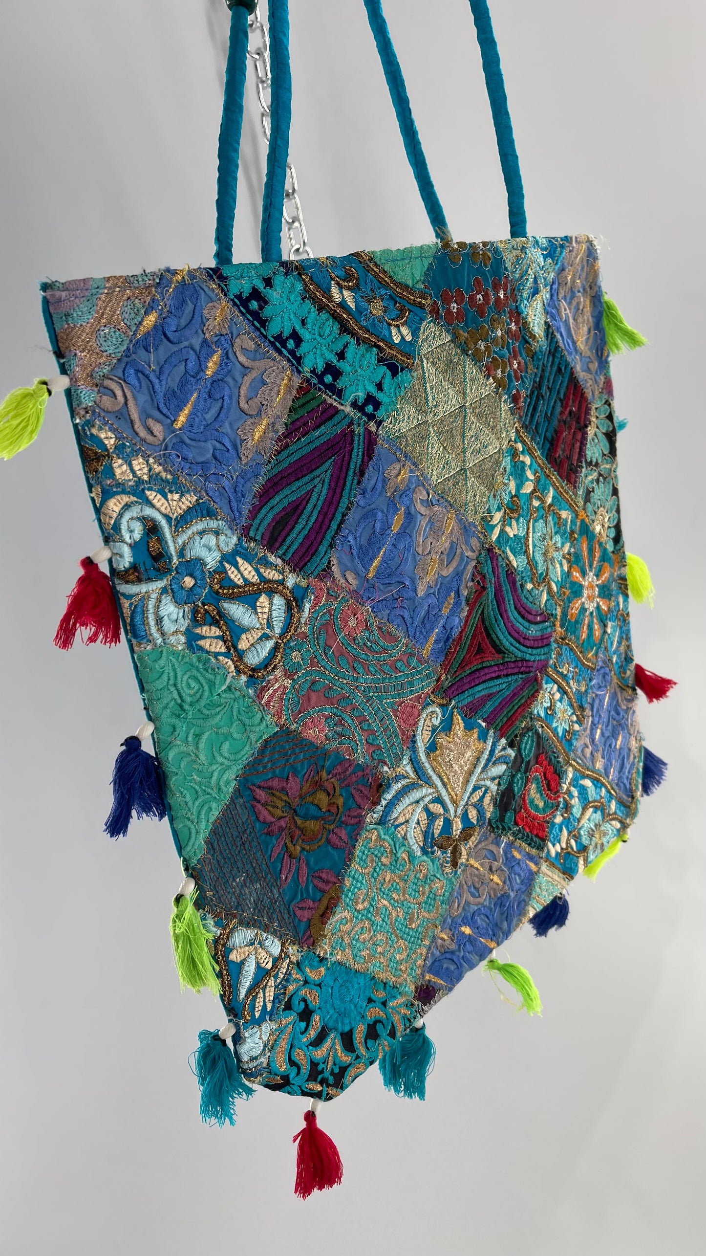 Imported Blue Patchwork Tote from Brazil with Tassel Detailing