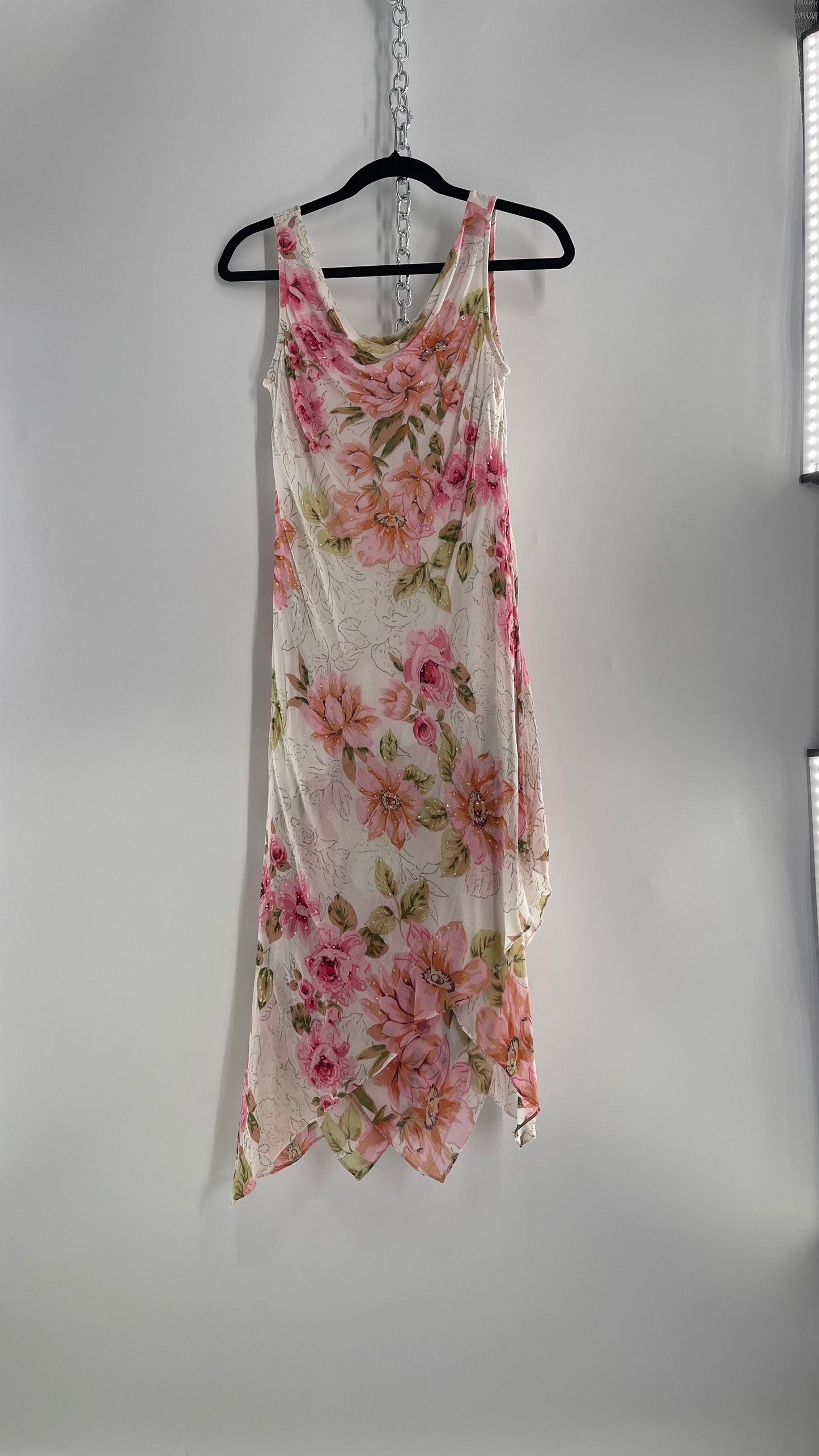 Vintage Eva Blue Pink Floral Draped Neck Sleeveless MIDI with Beading (10)
