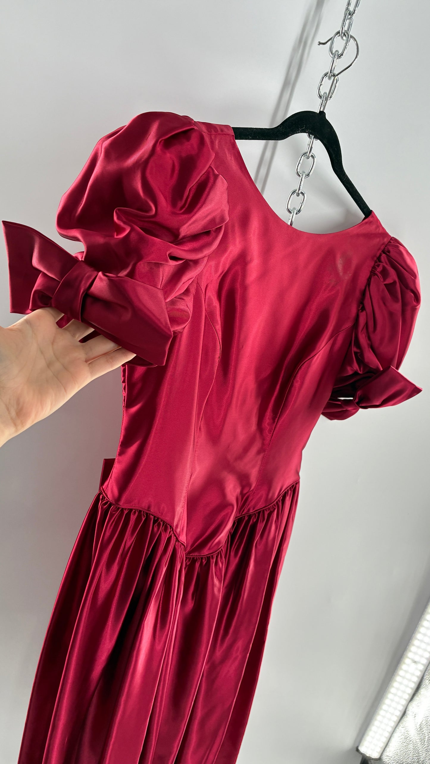 Vintage Red Silky Satin Corset Style Dress with Sweetheart Neckline, Puff Sleeves, Oversized Bow Bum, Open Back and Draping Pearls (10P)