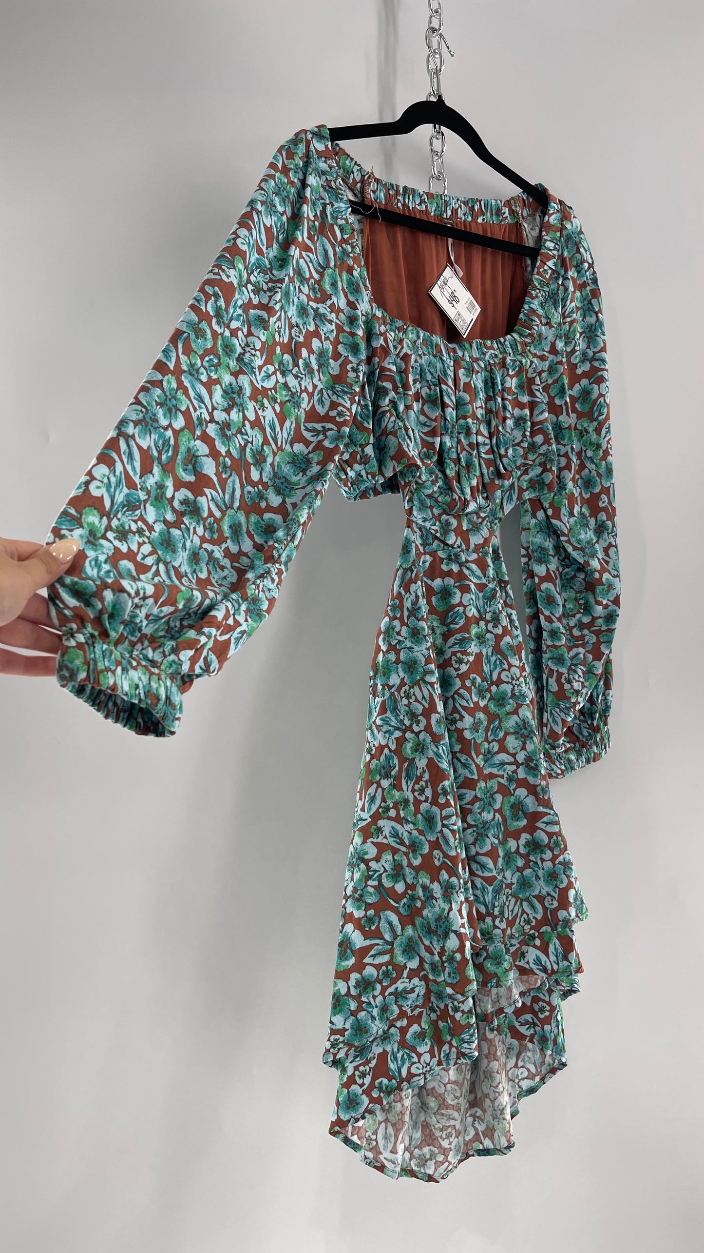Free People Brown Cut Out Milkmaid Mini with Blue Florals (Medium)