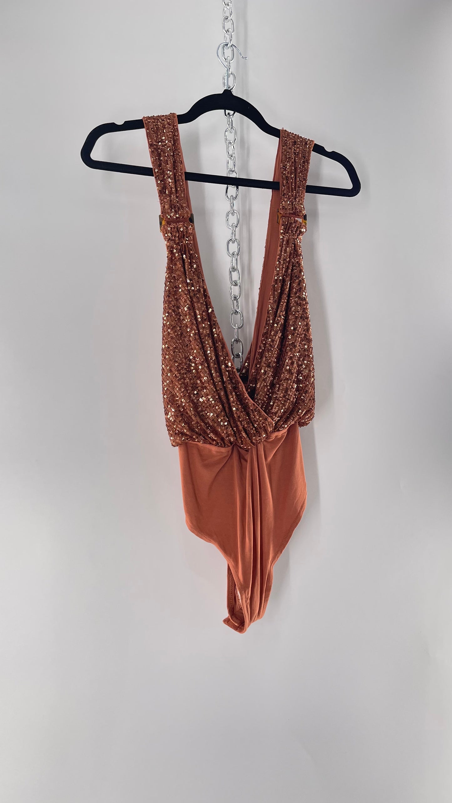 Free People Copper Sequin Draping Bodysuit with Tortoise Shell Buckle Detail (Medium)
