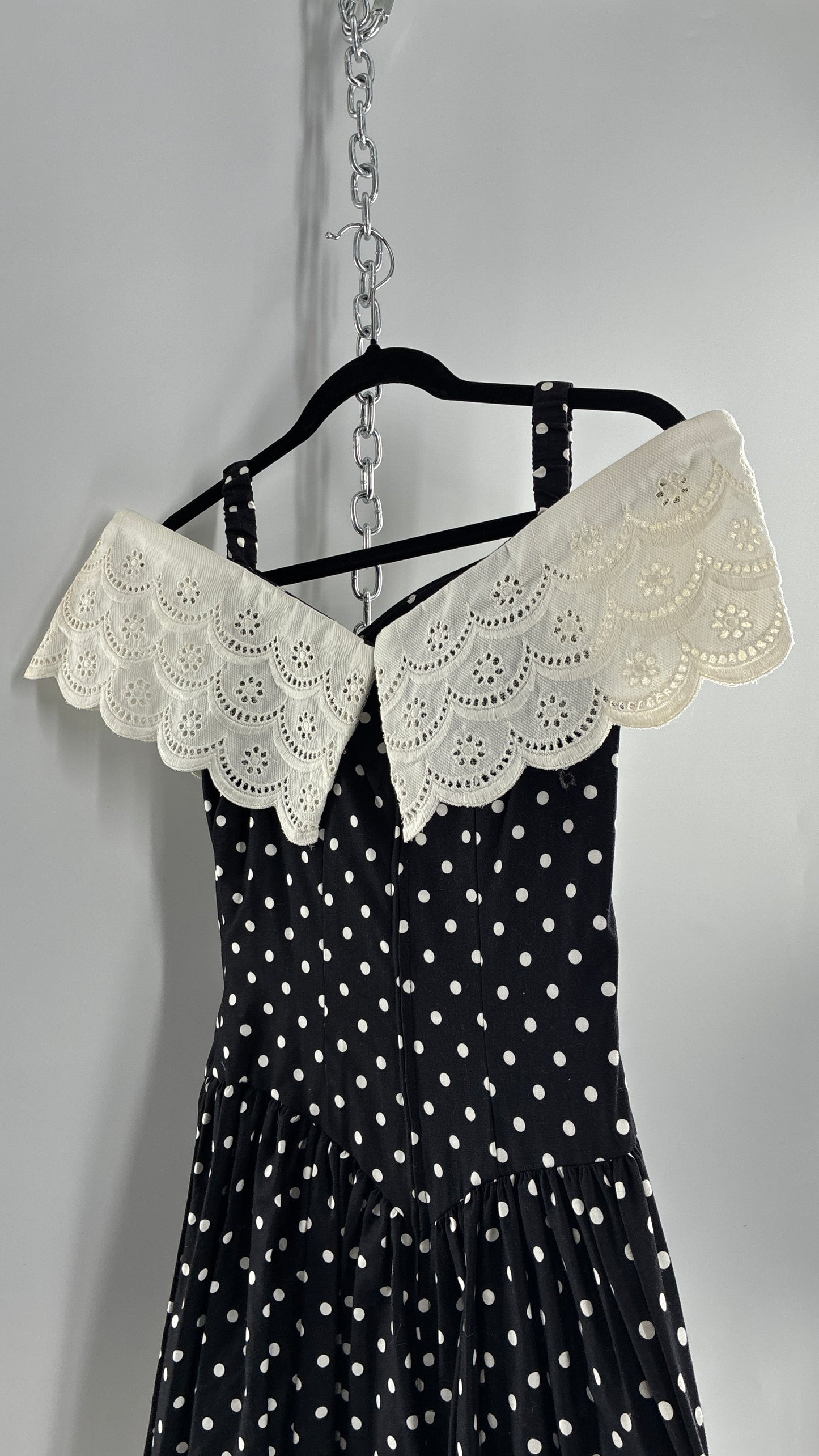 Vintage Handmade Black and White Polka Dot Pointed Waistline Gown with Off the Shoulder Stiff Lace Straps and Rosette Detail (8)