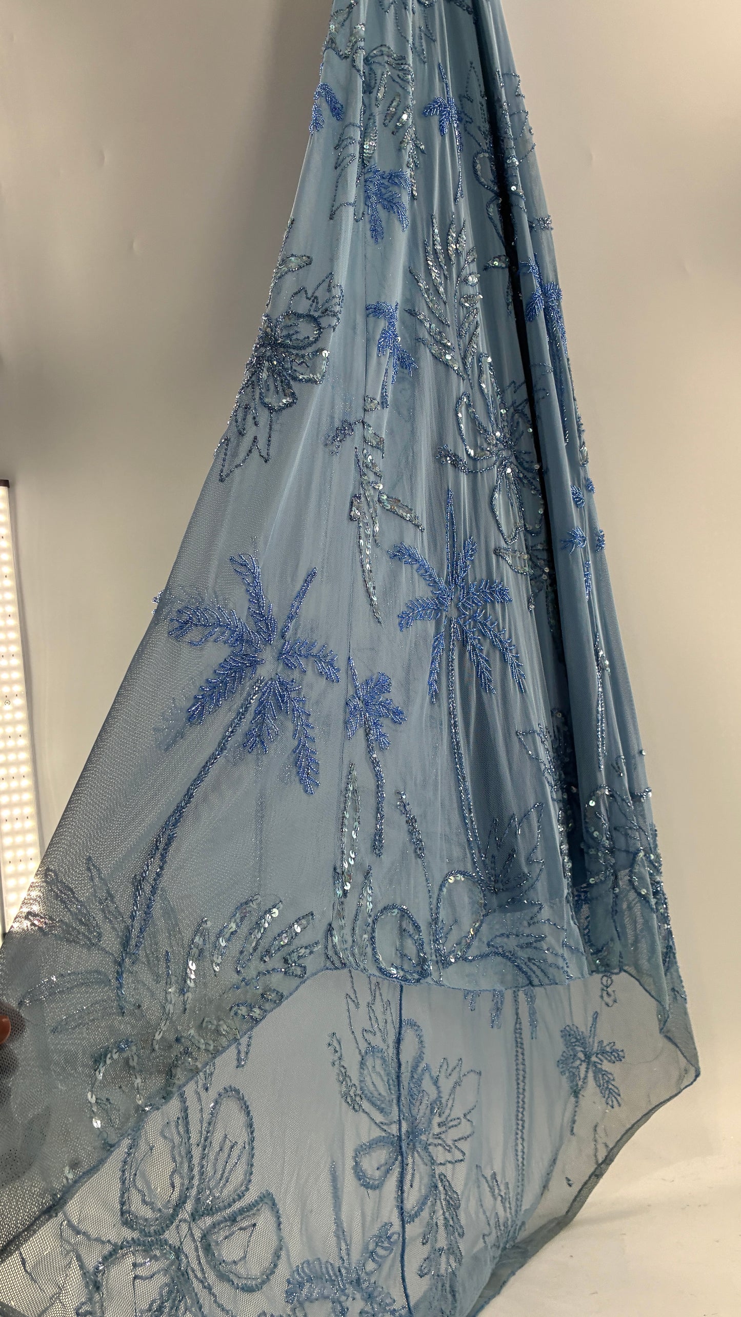 Vintage 1990s Powder Blue Gown Covered in Beaded Appliqué Tropical Designs with Strappy Bust and Low, Open Back (S/M, stretchy no size marked)