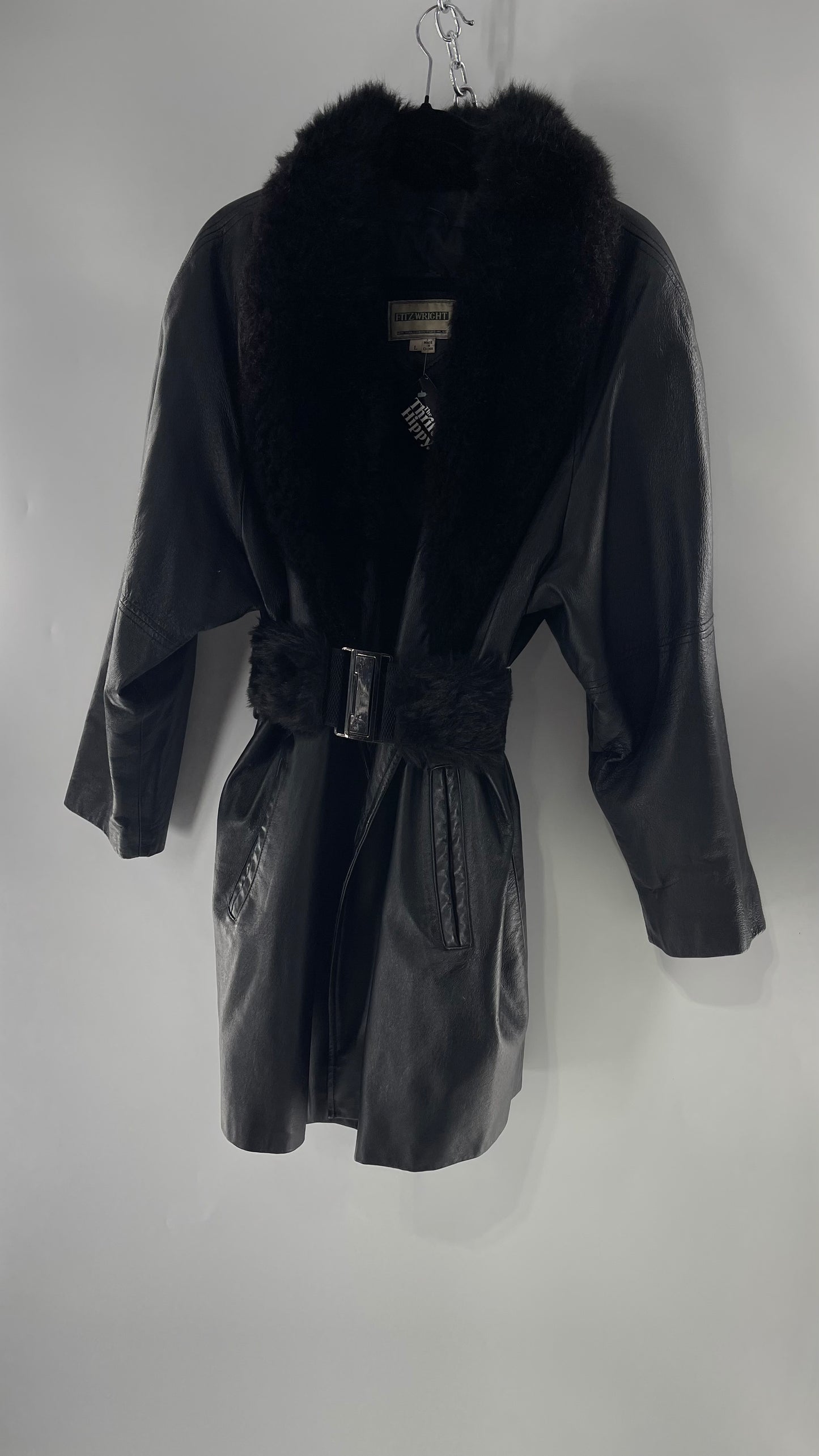 FITZWRIGHT Vintage Black Leather Coat with New Zealand Opposum Fur Collar and Faux Fur Belt (C)(Large)