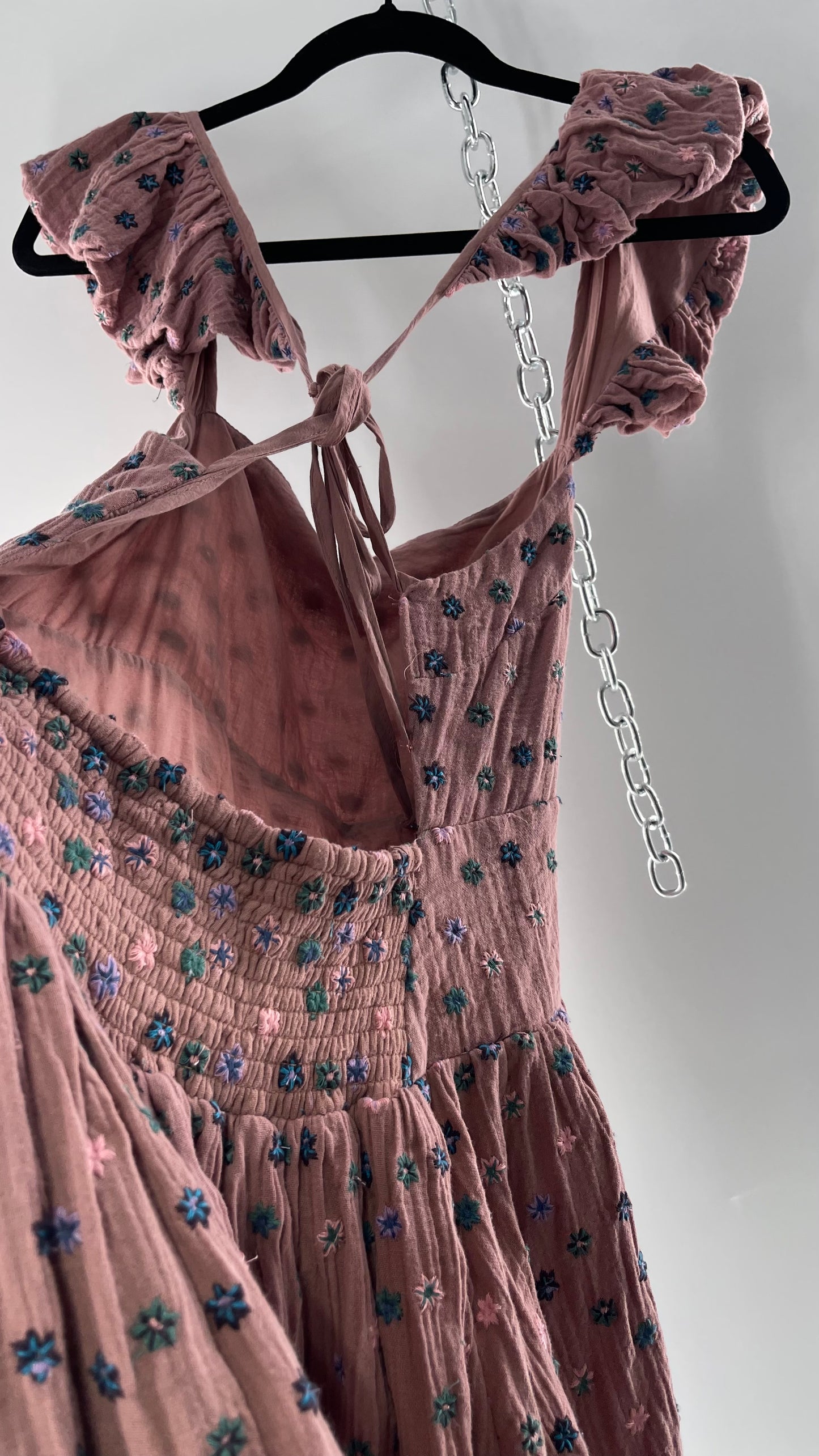 Free People Dusty Pink Embroidered Flowers Backless Mini Dress (Small)