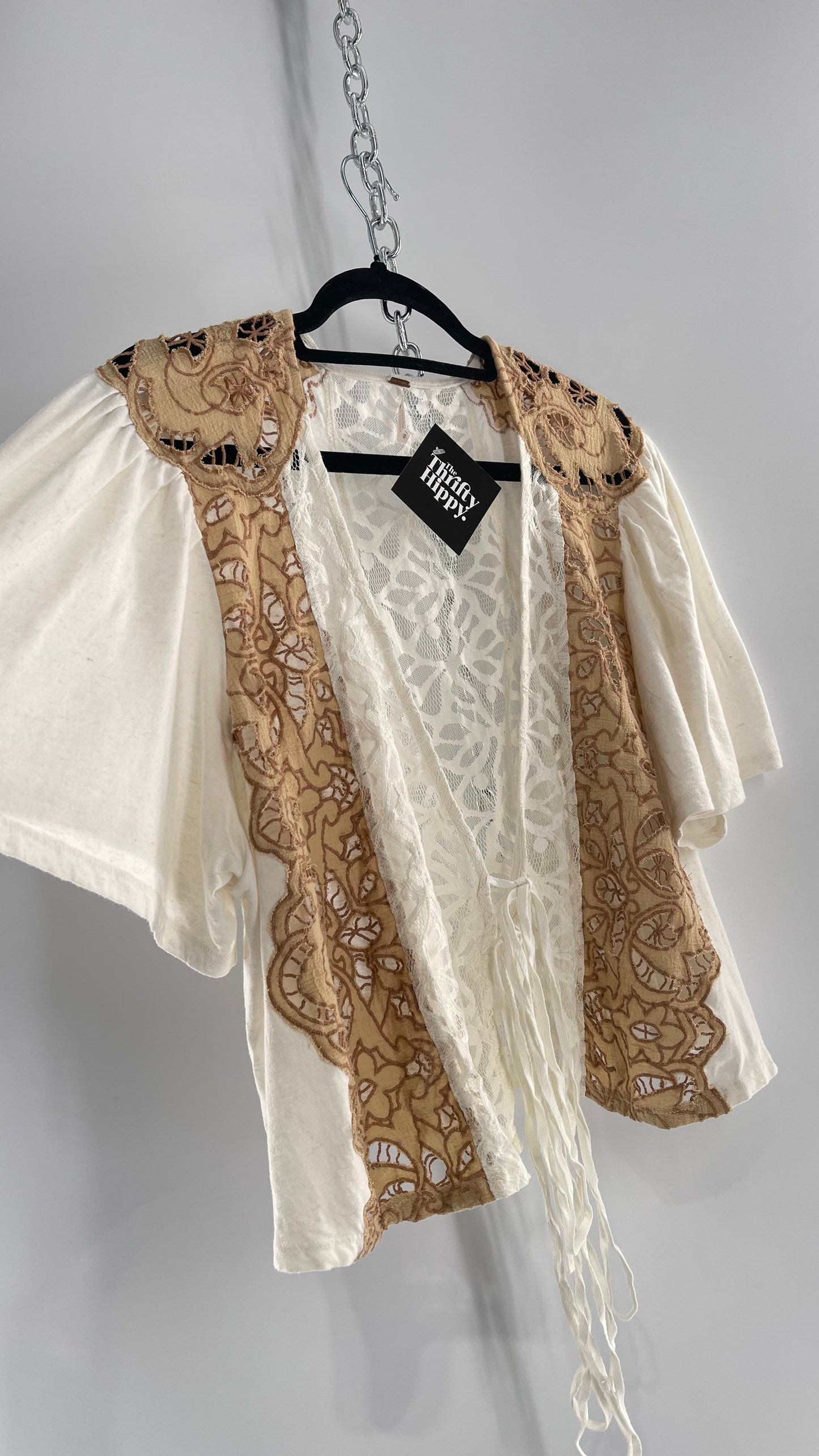 Free People Off White Woven Tie Front/Tie Around Too with Brown Eyelet Lace (Small)
