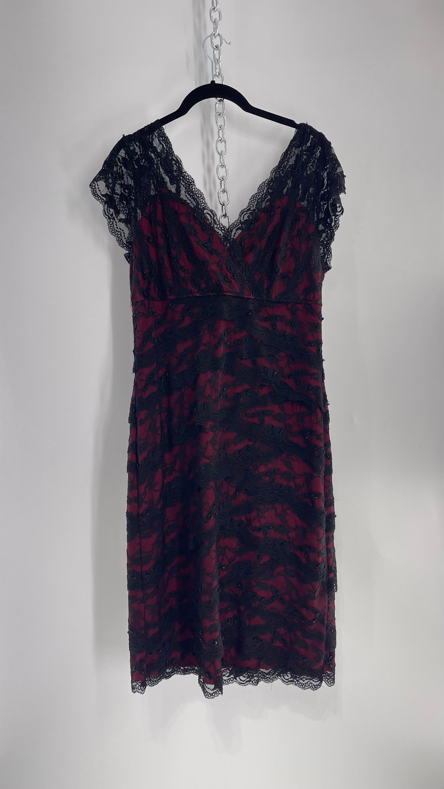 Vintage Marina Vampira Mídi Dress with Beading and Scalloped Black Lace Over Red Underlay (12) (Consigned)