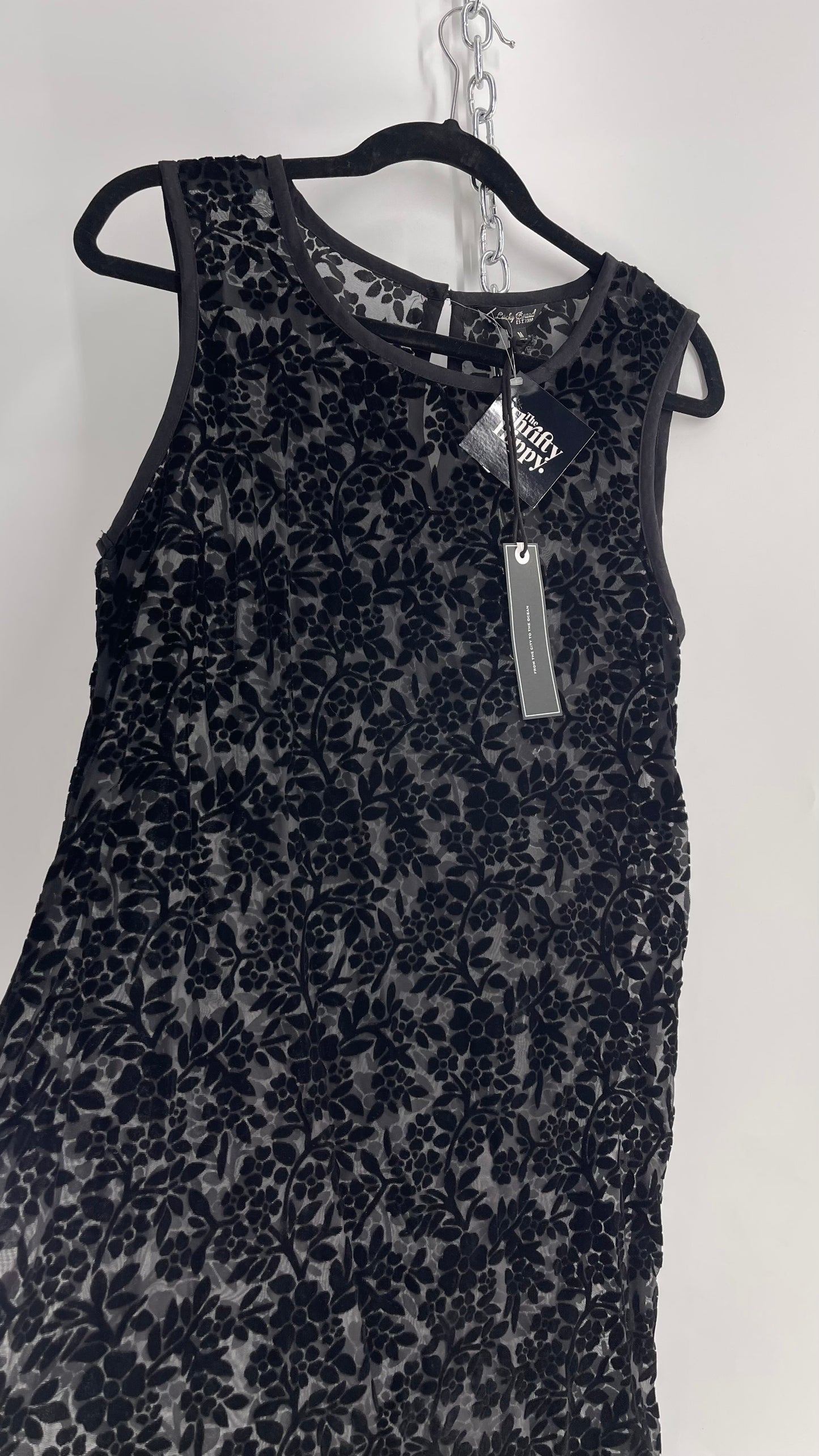 Lucky Brand Black Sheer Patterned Floral Velvet Midi Dress with Tags Attached (Medium)