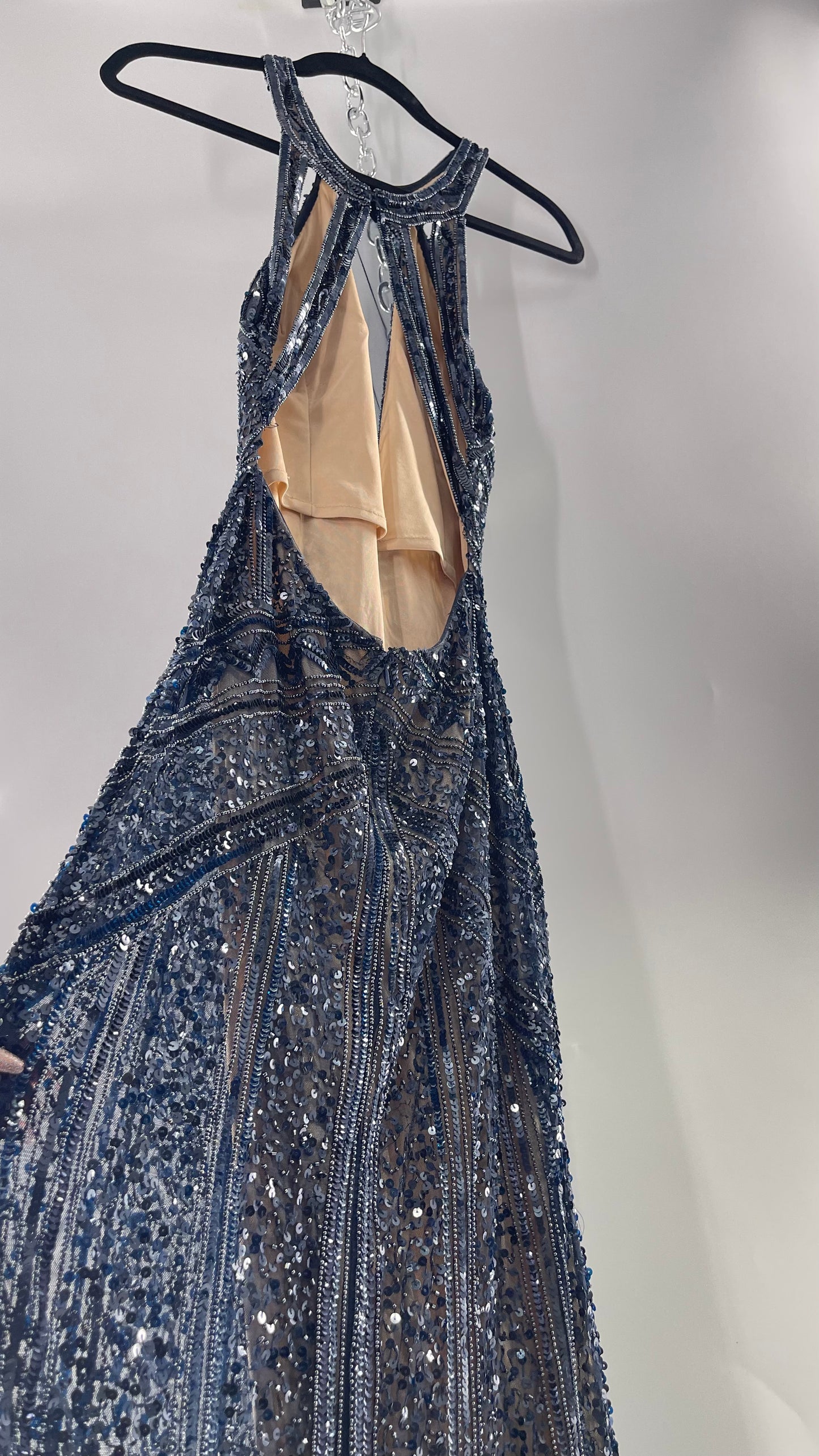 Vintage SCALA Navy Blue Beaded Floor Length Gown with Plunging Neckline, Backless Detail, and Tan Underlay (C)(4)