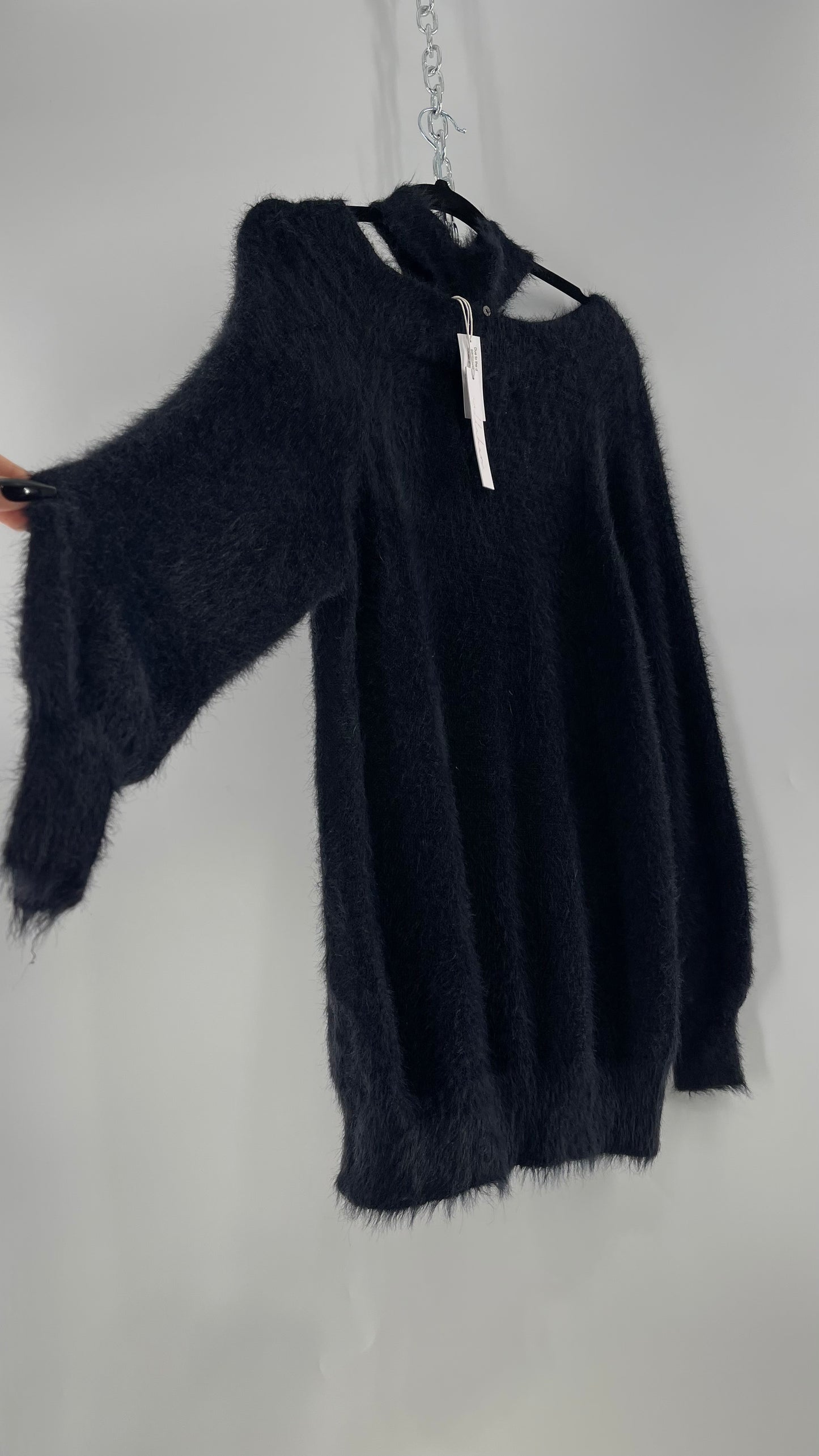 Callahan Black Fuzzy/Shaggy Slouchy Sweater with Choker Neckline Detail (Small)