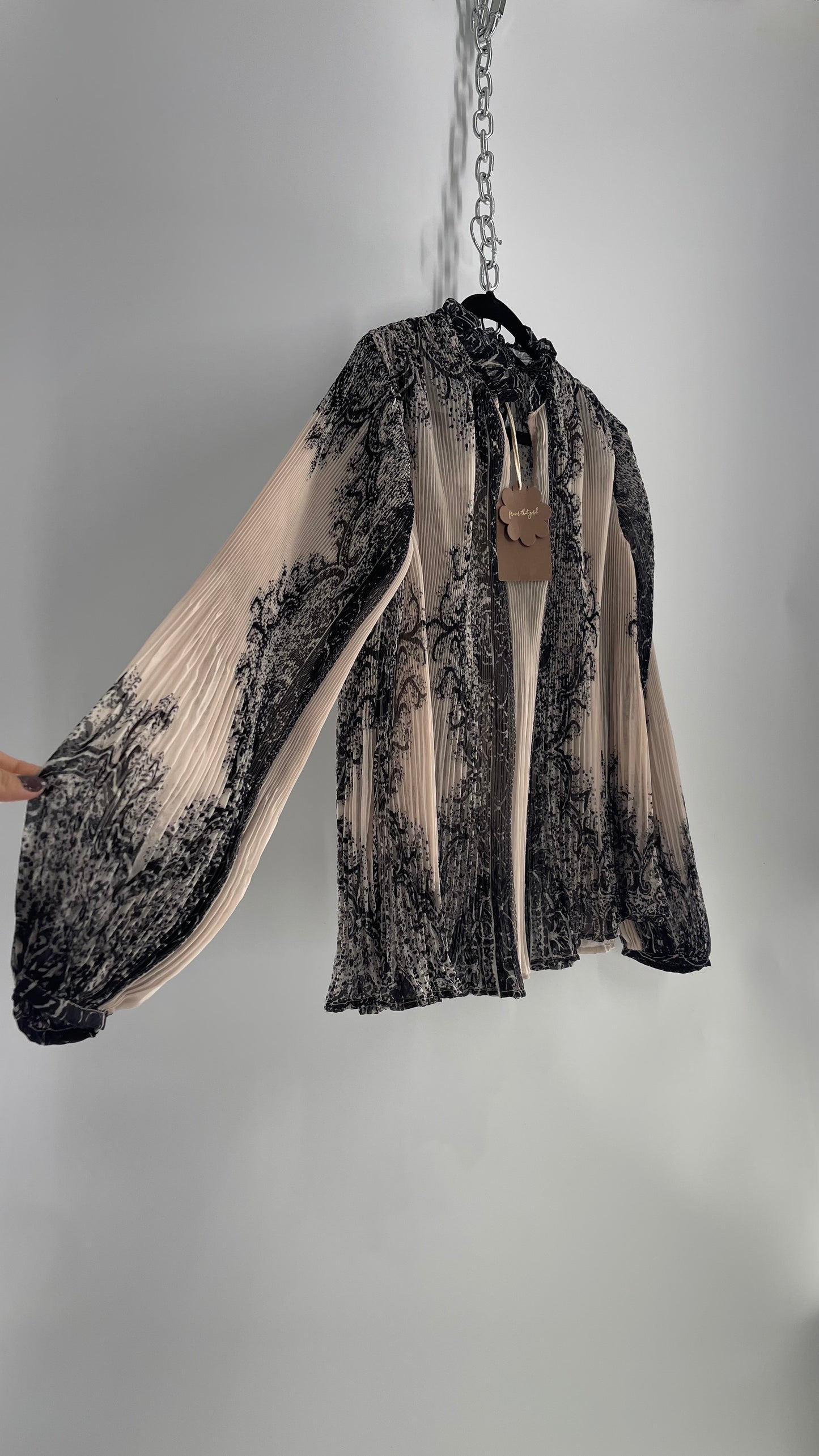 Forever that Girl Brocade Black and Dusk Pleated/Fluted Blouse with Tags Attached (Medium)