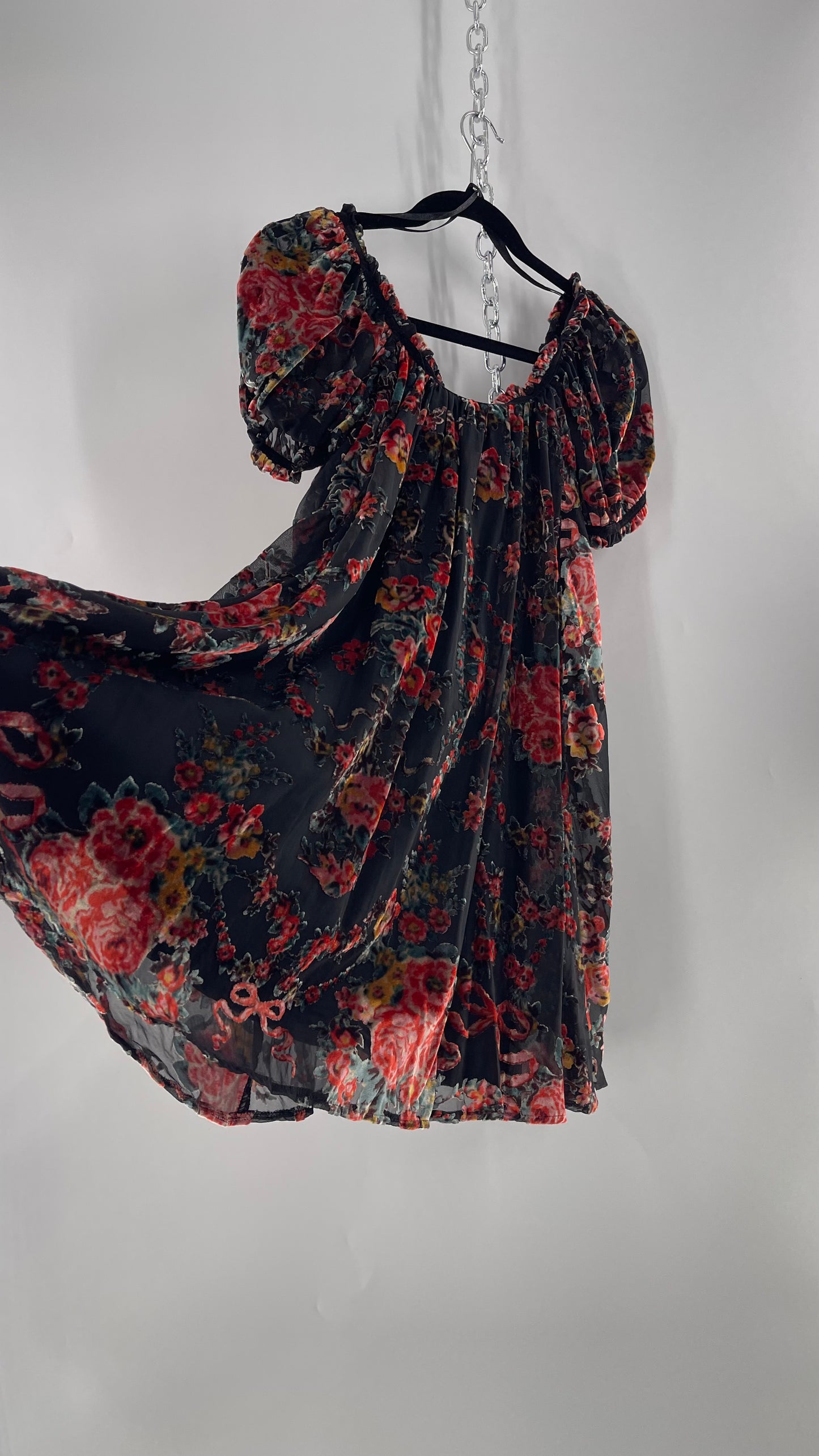 Free People Beautiful Blooms Velvet Florals Babydoll Dress (Small)