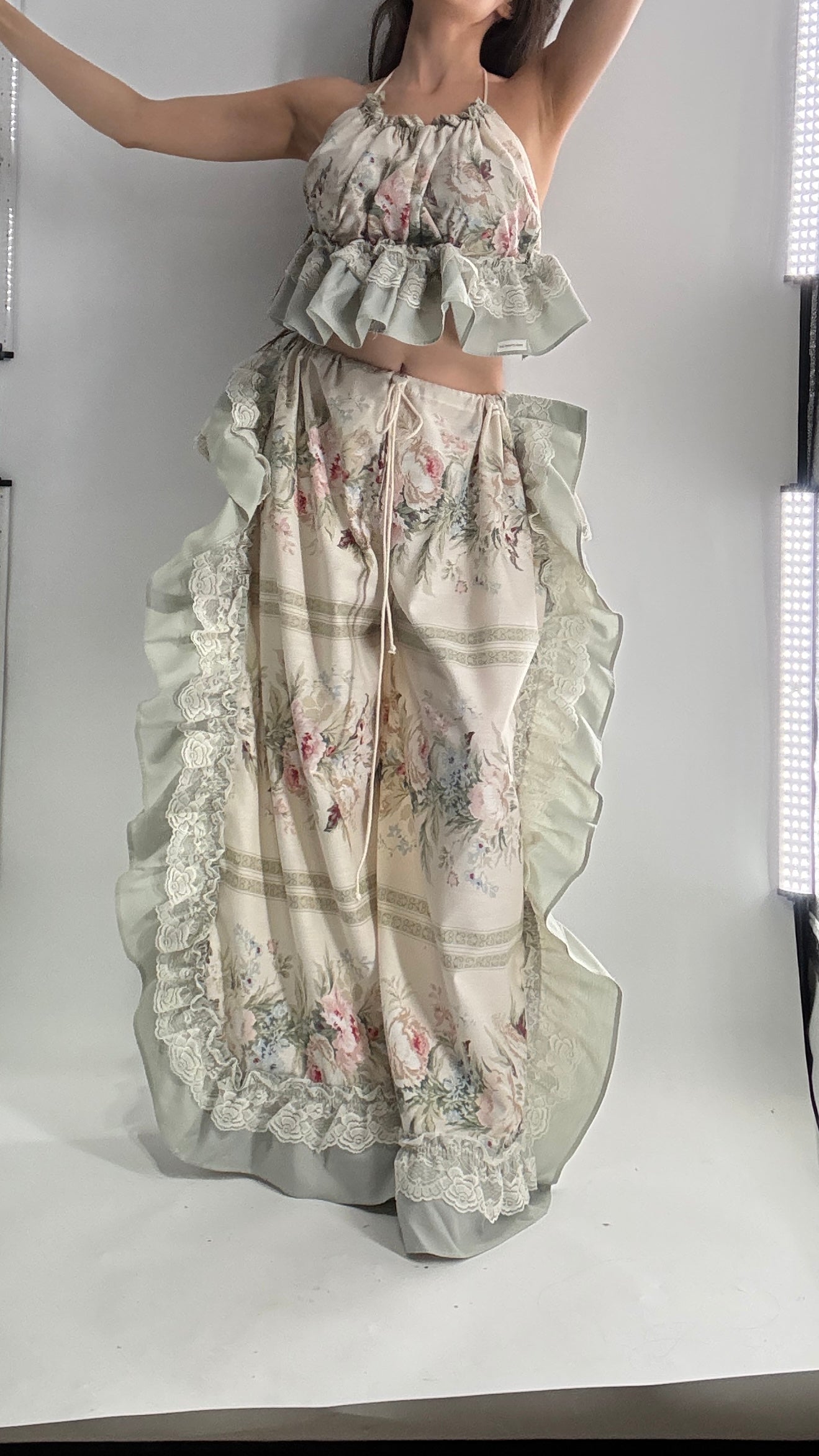Handmade Vintage Muted Florals Two Piece Set with Adjustable Waist and Bust Lines (XS-XL)