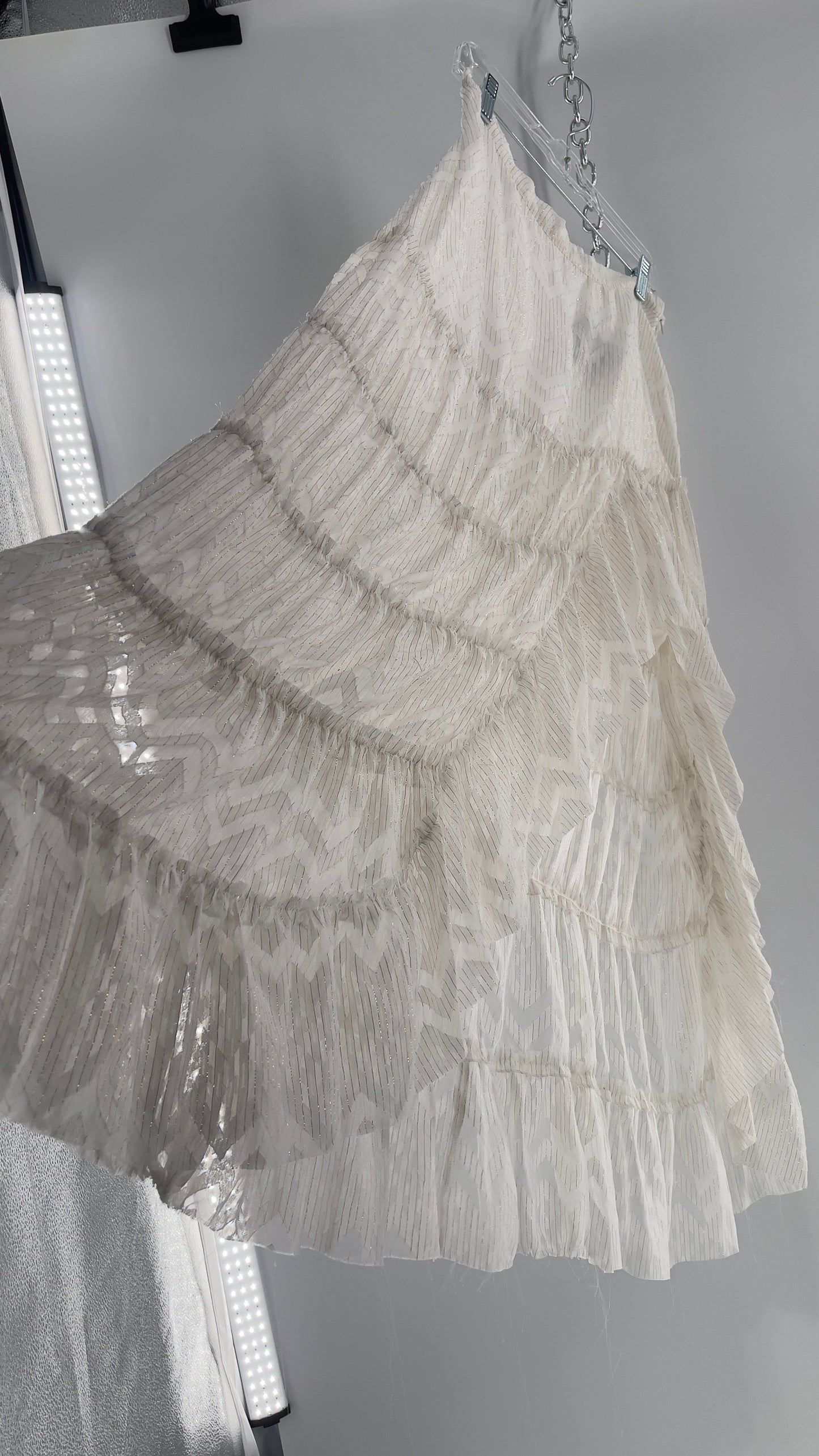Free People Raw Edge Hem White Gold Tinsel Skirt with Ruffle Side Slit (Small)