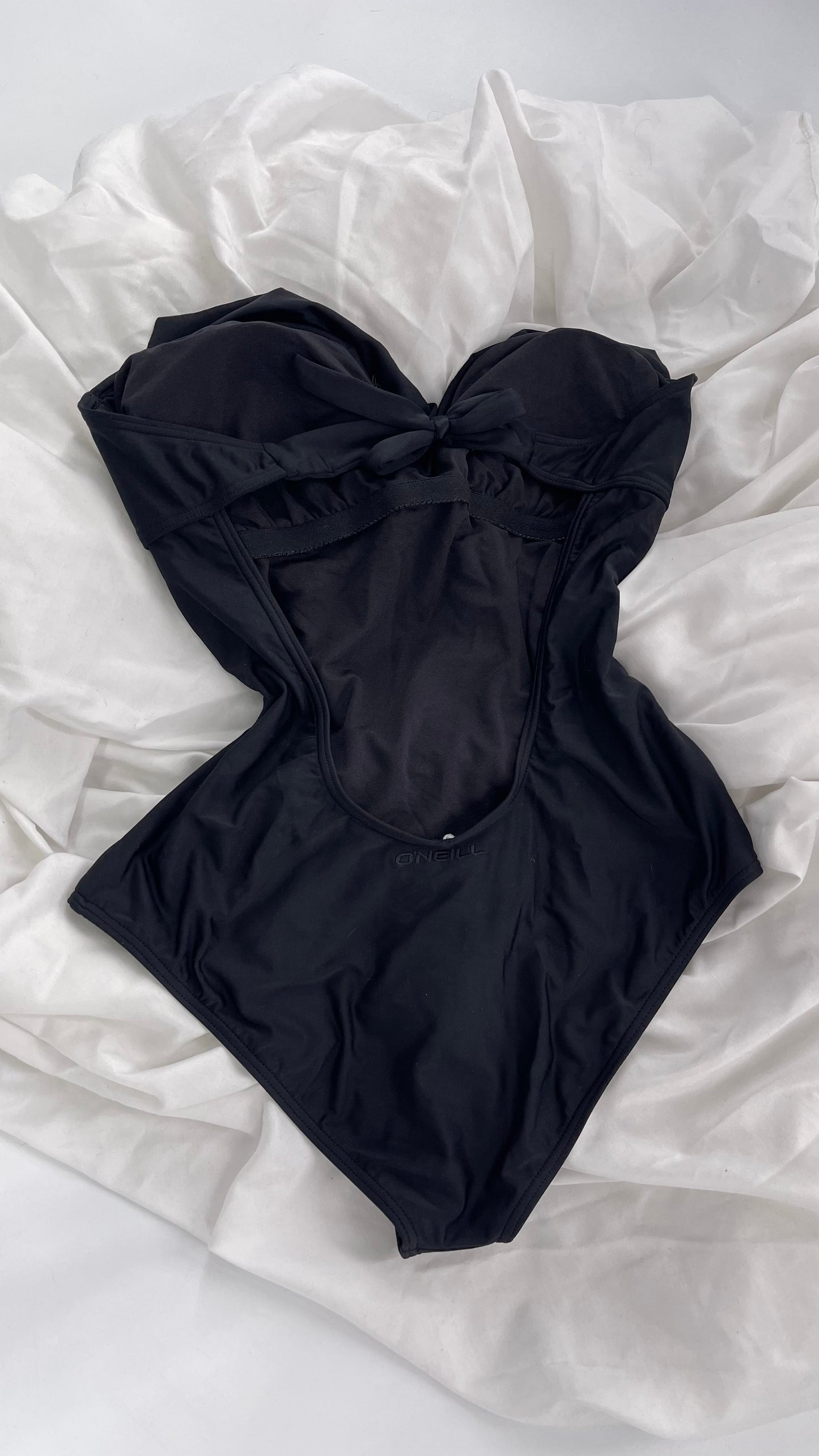 O’Neill Black Swimsuit with Built in Bra with Ruffled Bust, Open Back, Straps and Tags Attached (Large)