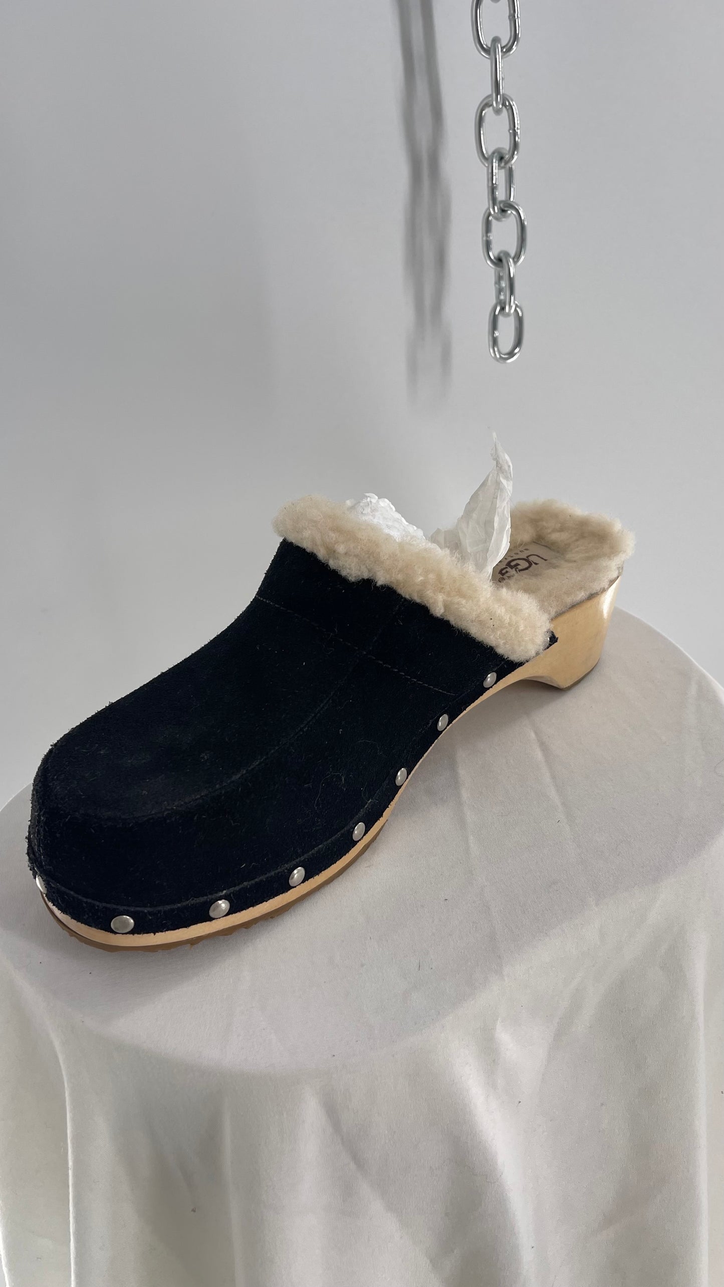 UGG Vintage Side Studded Black Suede Fur Lined Wooden Clog (8)