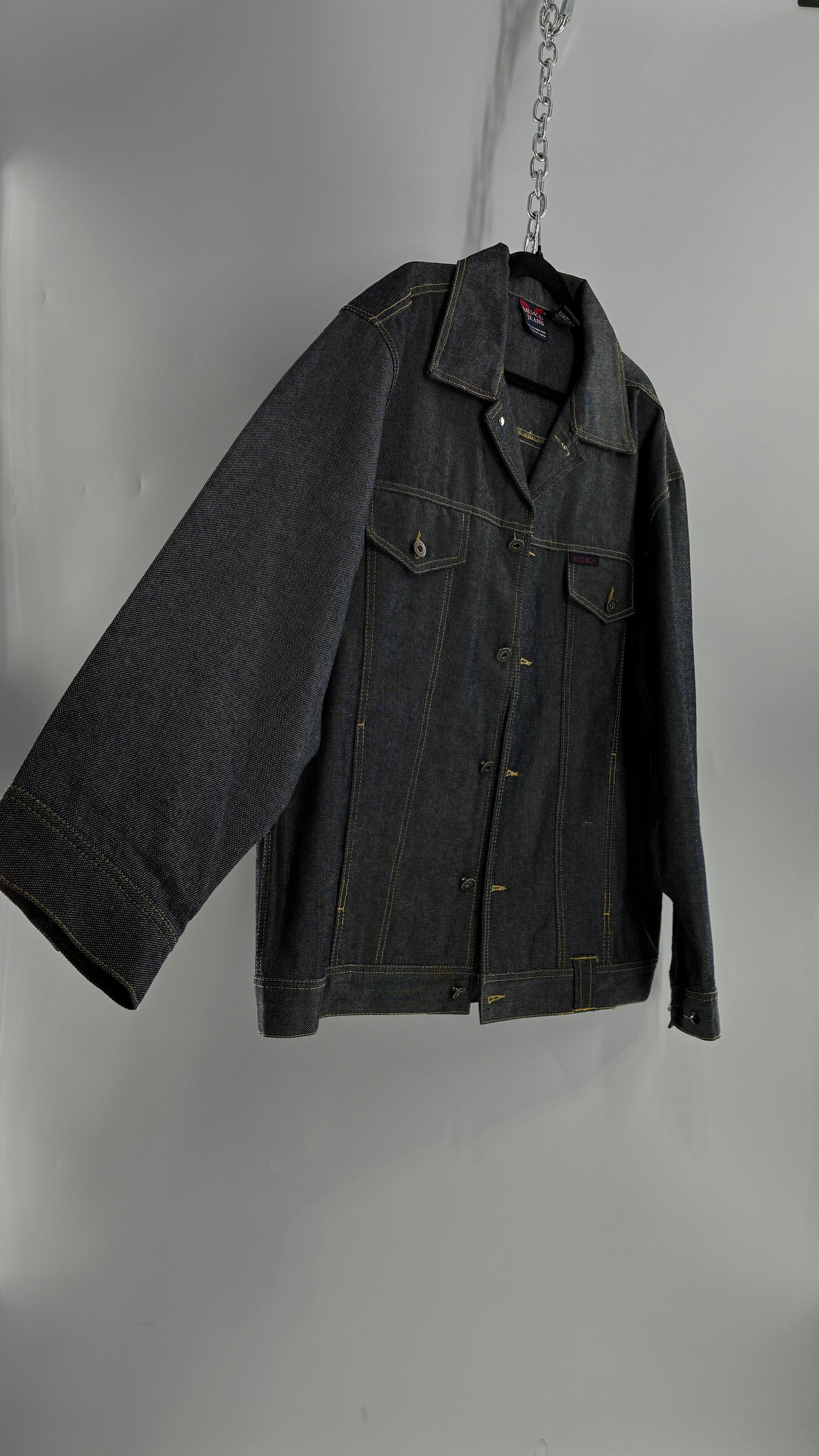 Vintage 1990s MU:KA: JEANS Men’s Dark Wash Japanese Style Denim Baggy Straight Legs and Oversized Jacket Set (L, 32x32)